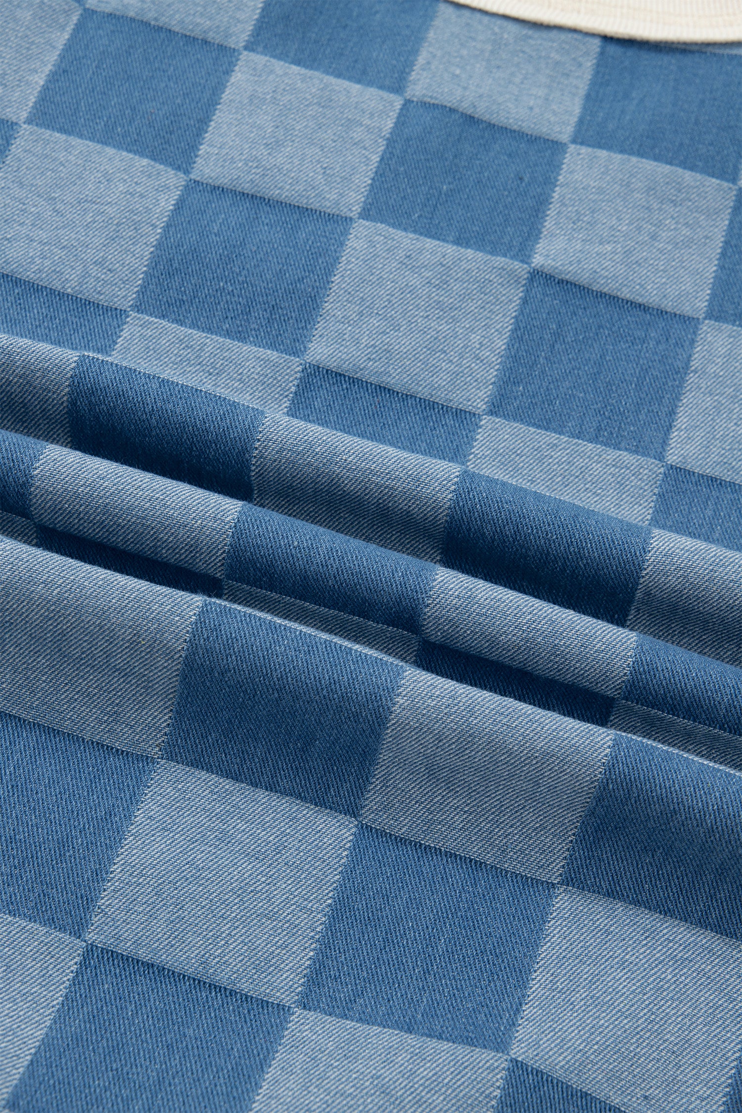 Dusk Blue Checkered Denim Patchwork Short Sleeve Loose Top-Tops/Tops & Tees-[Adult]-[Female]-2022 Online Blue Zone Planet