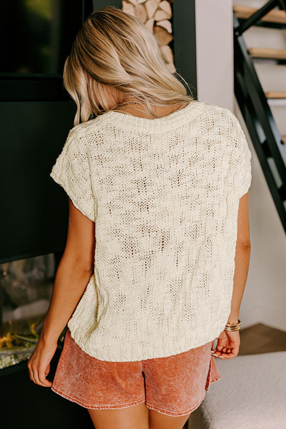 Beige Notched V Neck Short Sleeve Sweater-TOPS / DRESSES-[Adult]-[Female]-2022 Online Blue Zone Planet