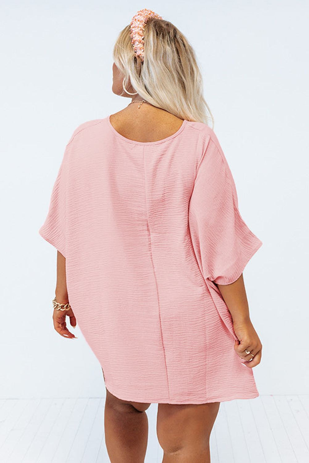 Pink Textured Half Sleeve V Neck Plus Size T Shirt with Chest Pocket-Plus Size/Plus Size Tops/Plus Size Tops & Tees-[Adult]-[Female]-2022 Online Blue Zone Planet