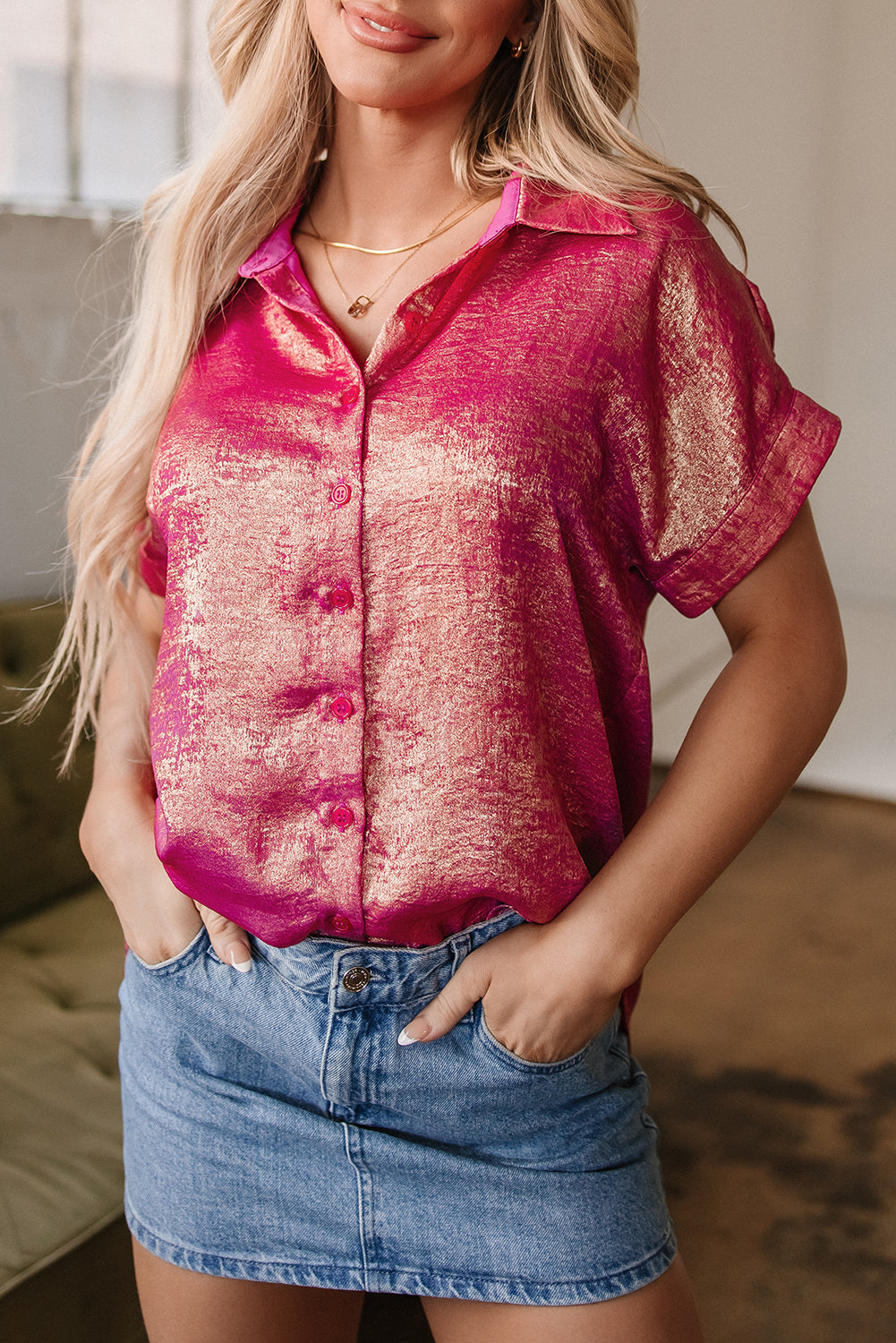 Rose Red Metallic Sheen Short Sleeve Buttoned Front Casual Shirt-Tops/Blouses & Shirts-[Adult]-[Female]-2022 Online Blue Zone Planet