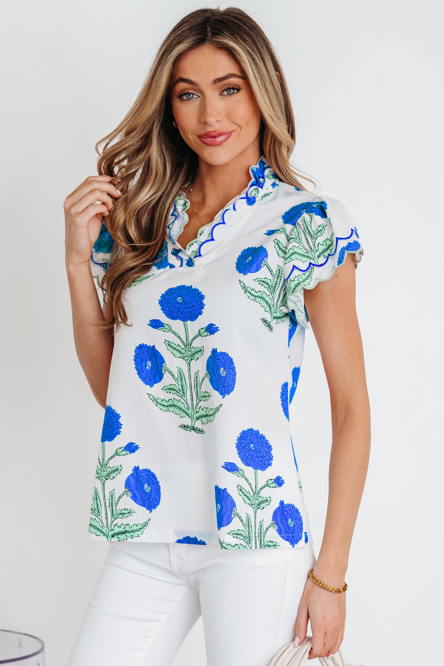 Blue Wild Flower Print Contrast Trim Scallop Detail Short Sleeve Blouse-Tops/Blouses & Shirts-[Adult]-[Female]-2022 Online Blue Zone Planet