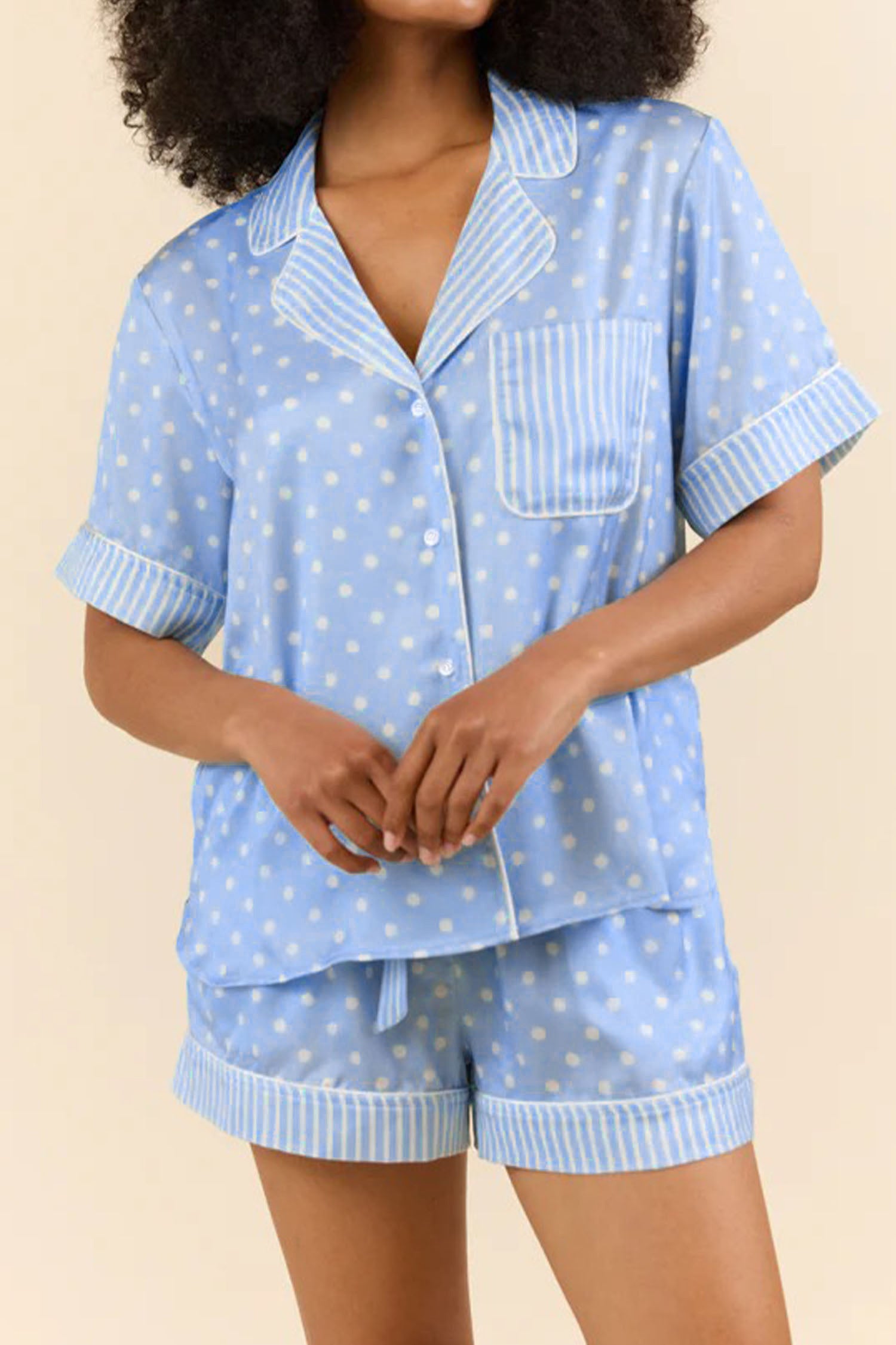 Sky Blue Dotted Print Soft Short Pajama Set-Loungewear & Sleepwear/Sleepwear-[Adult]-[Female]-2022 Online Blue Zone Planet