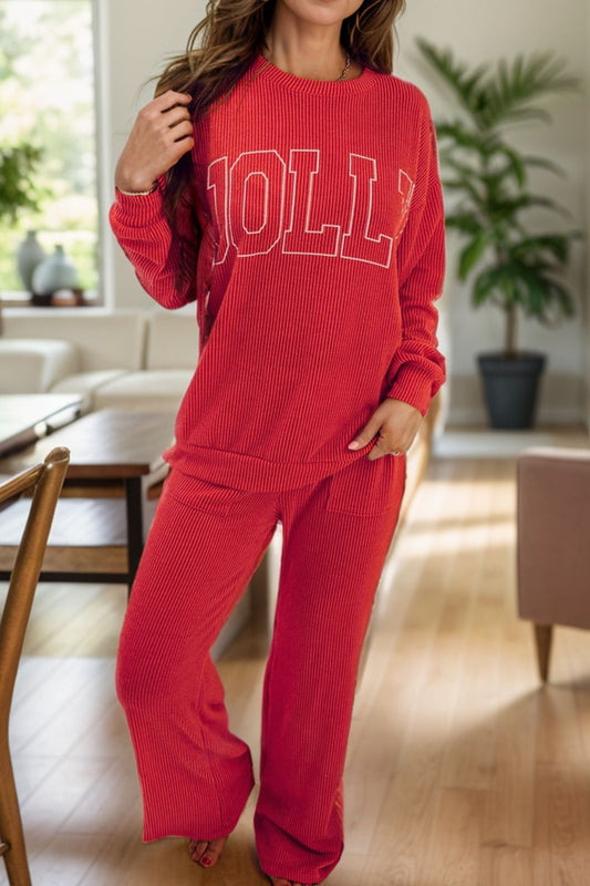 JOLLY Round Neck Long Sleeve Top and Pants Lounge Set-TOPS / DRESSES-[Adult]-[Female]-Deep Red-S-2022 Online Blue Zone Planet