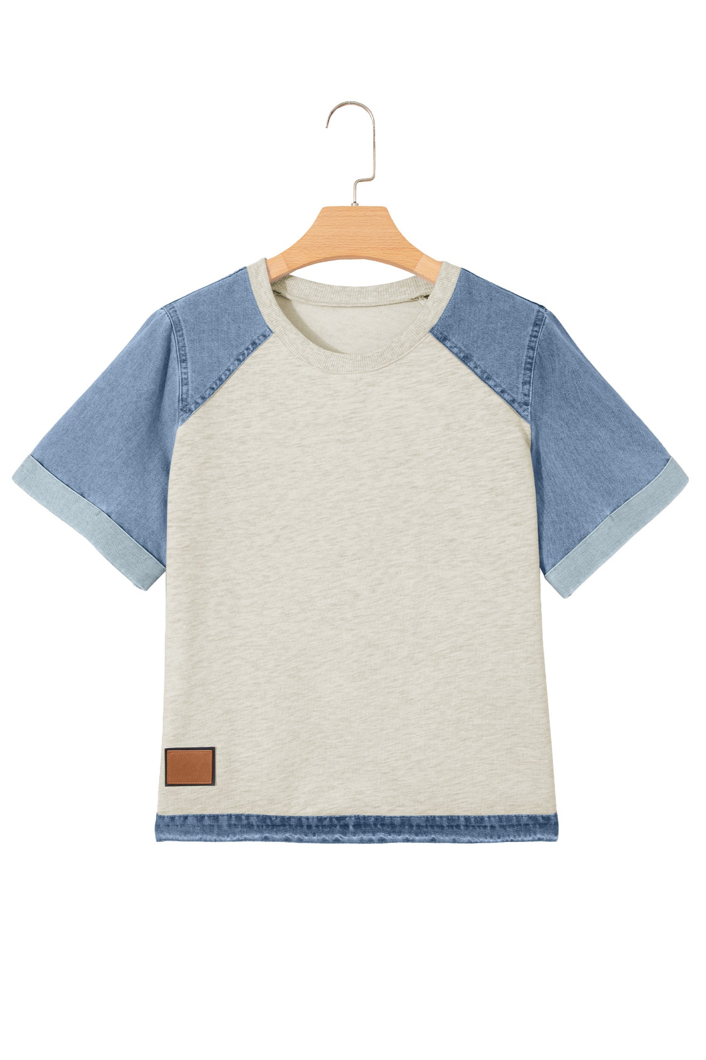 Beige Denim Color Block Patchwork Round Neck Tee-Tops/Tops & Tees-[Adult]-[Female]-2022 Online Blue Zone Planet