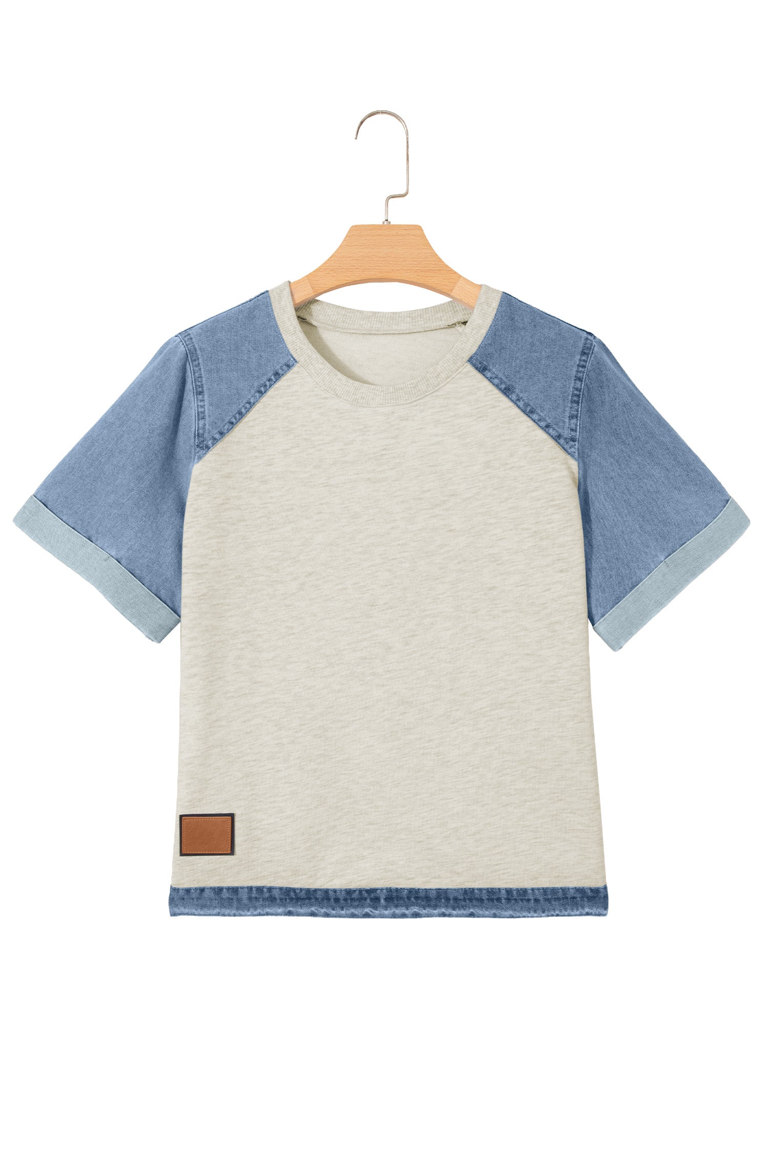 Beige Denim Color Block Patchwork Round Neck Tee-Tops/Tops & Tees-[Adult]-[Female]-2022 Online Blue Zone Planet