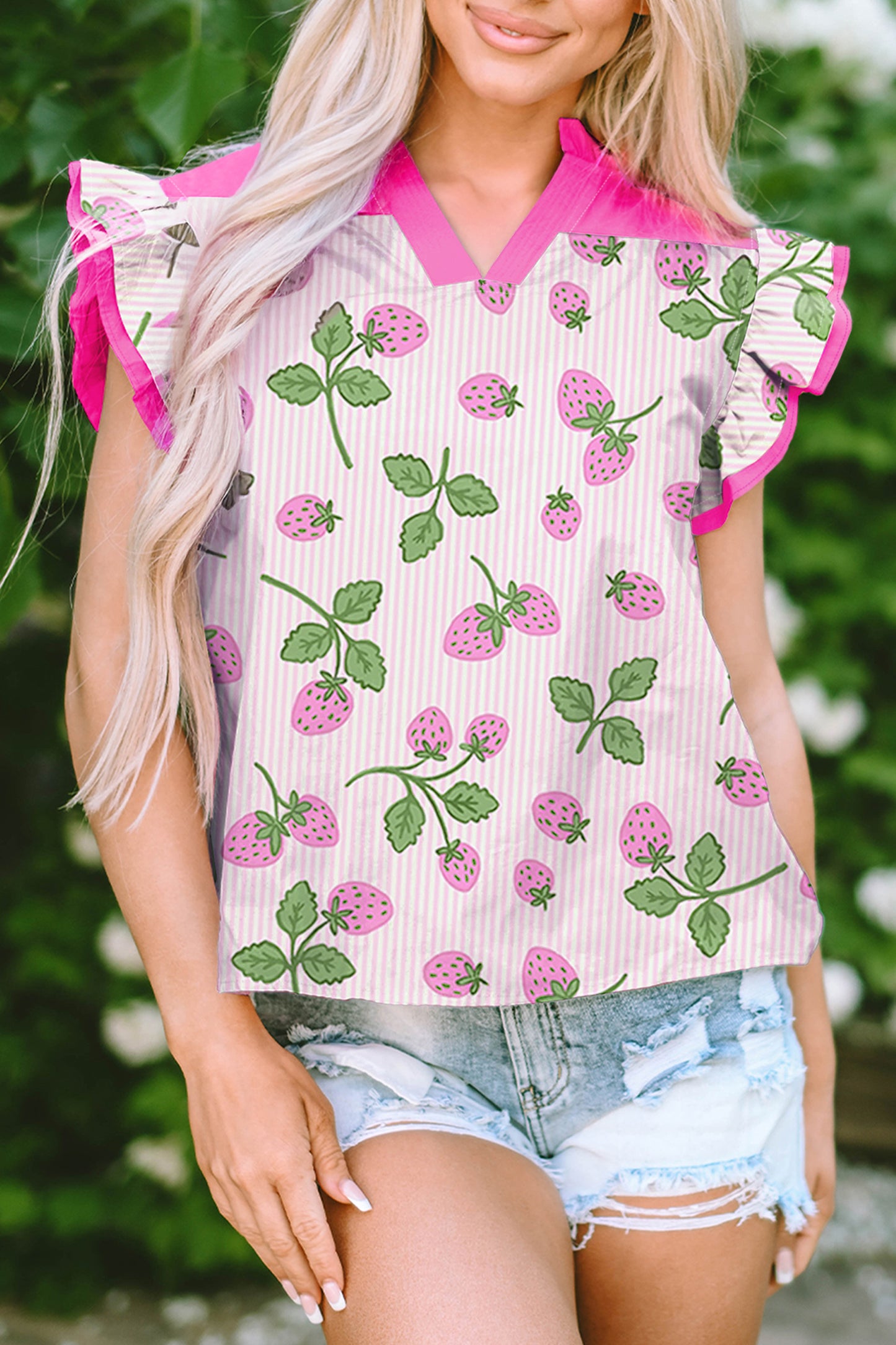 Pink Striped Strawberry Printed Color Block Patchwork V Neck Flutter Sleeve Blouse
