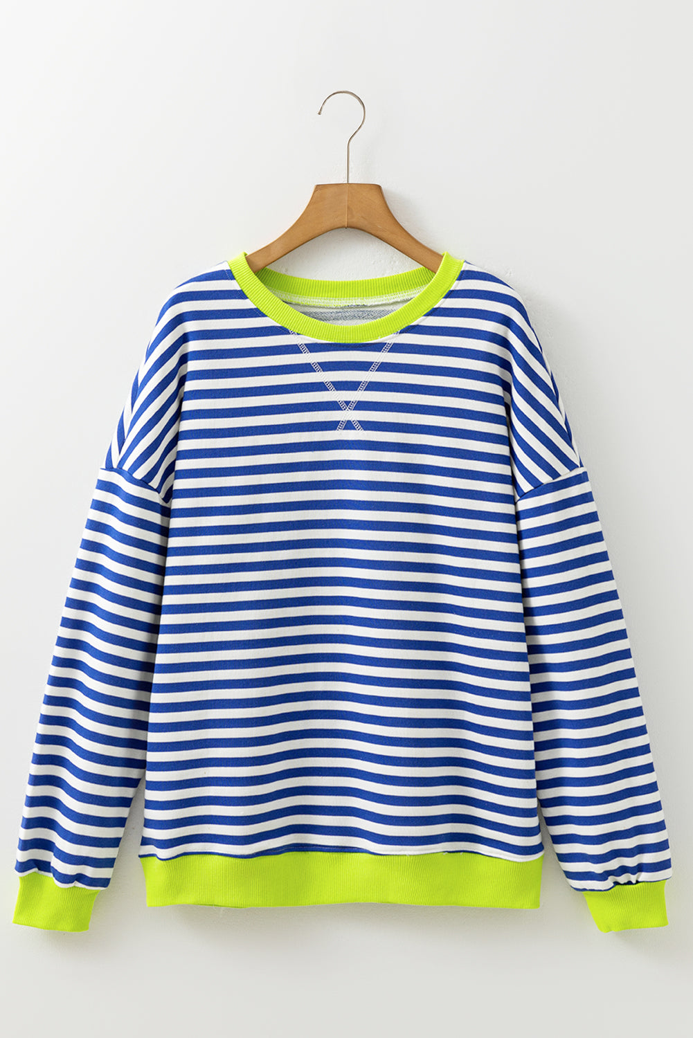 Sky Blue Stripe Striped Contrast Ribbed Trim Crossed Stitch Drop Shoulder Sweatshirt-Tops/Sweatshirts & Hoodies-[Adult]-[Female]-2022 Online Blue Zone Planet