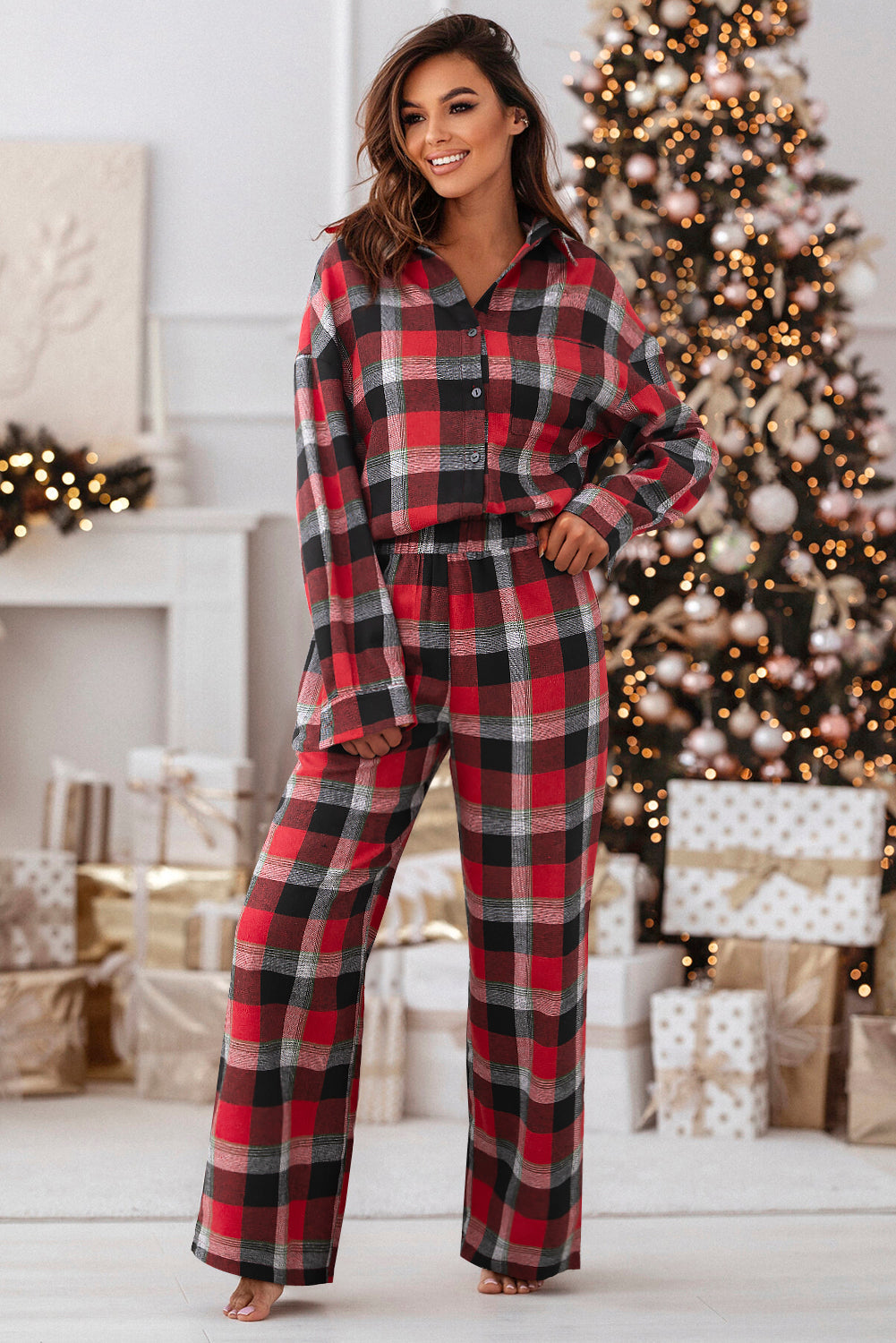 Red Christmas Checkered Pattern Loose Shirt and Pants Lounge Set-Loungewear & Sleepwear/Loungewear-[Adult]-[Female]-2022 Online Blue Zone Planet