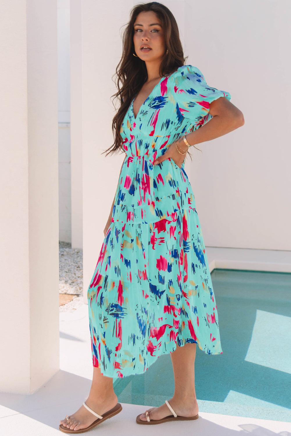 Sky Blue Abstract Print Short Puff Sleeve Tiered Maxi Dress-TOPS / DRESSES-[Adult]-[Female]-2022 Online Blue Zone Planet