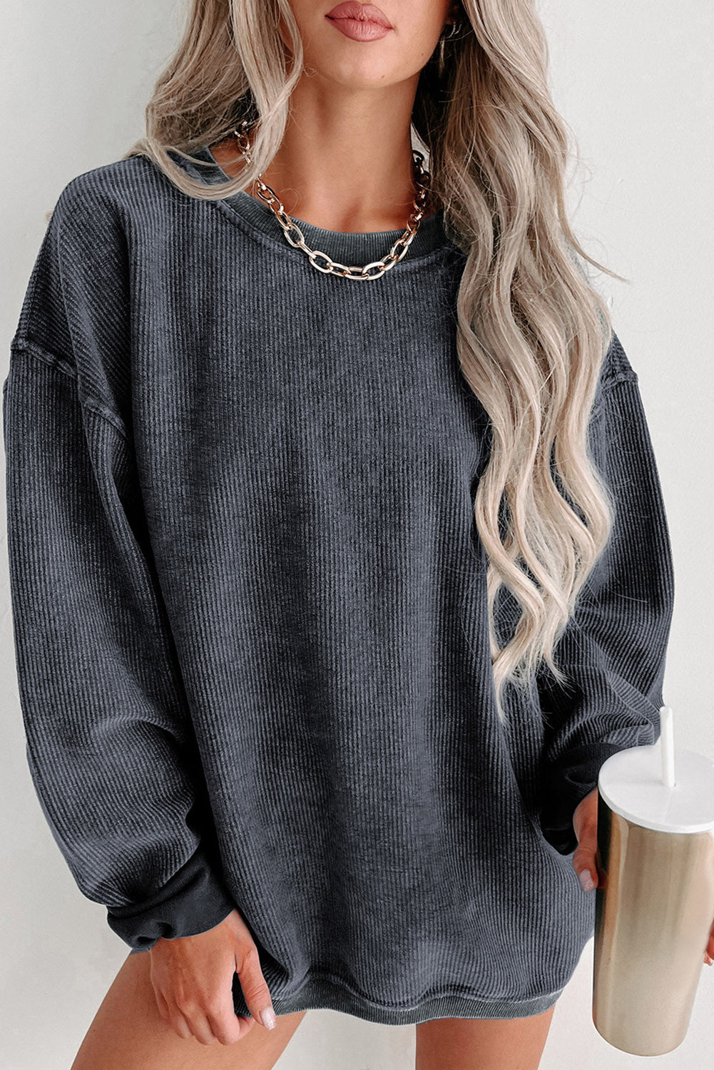 Khaki Solid Ribbed Knit Round Neck Pullover Sweatshirt-Tops/Sweatshirts & Hoodies-[Adult]-[Female]-Gray-S-2022 Online Blue Zone Planet
