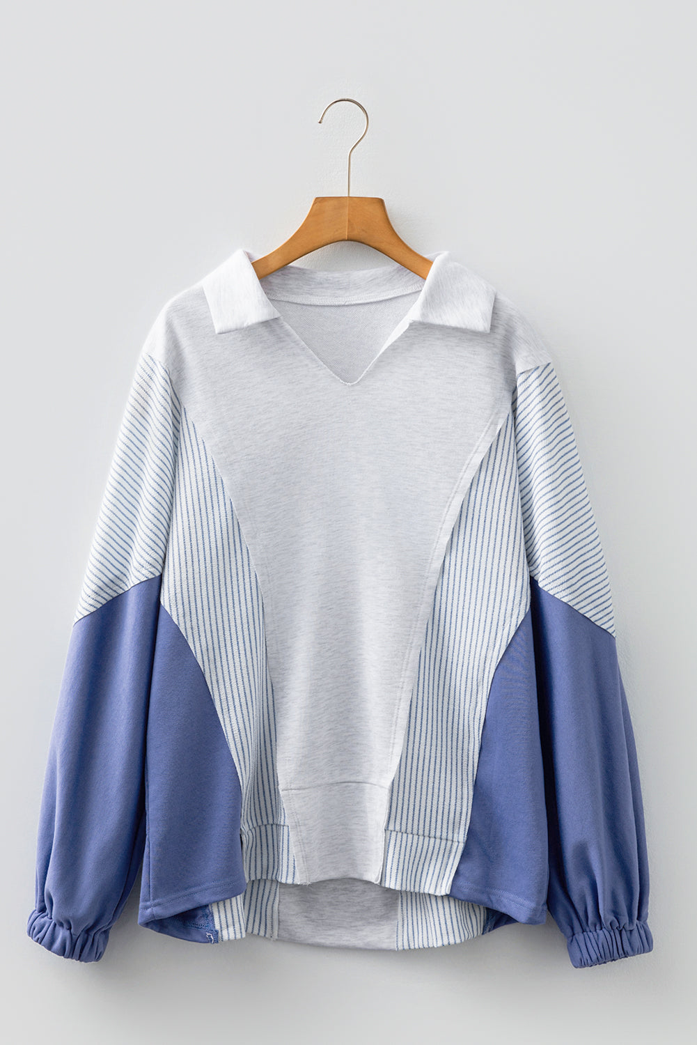 Light Grey Oversized Striped Colorblock Dolman Sleeve Collared Casual Top-Tops/Long Sleeve Tops-[Adult]-[Female]-2022 Online Blue Zone Planet