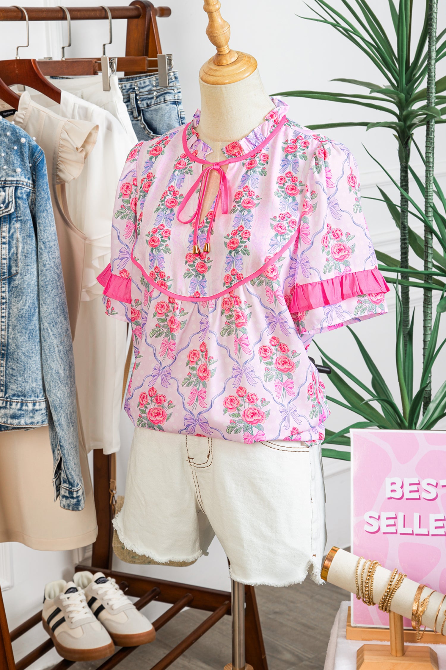 Purple Coquette Floral Bow Printed Contrast Ruffled Short Sleeve Blouse-Tops/Blouses & Shirts-[Adult]-[Female]-2022 Online Blue Zone Planet