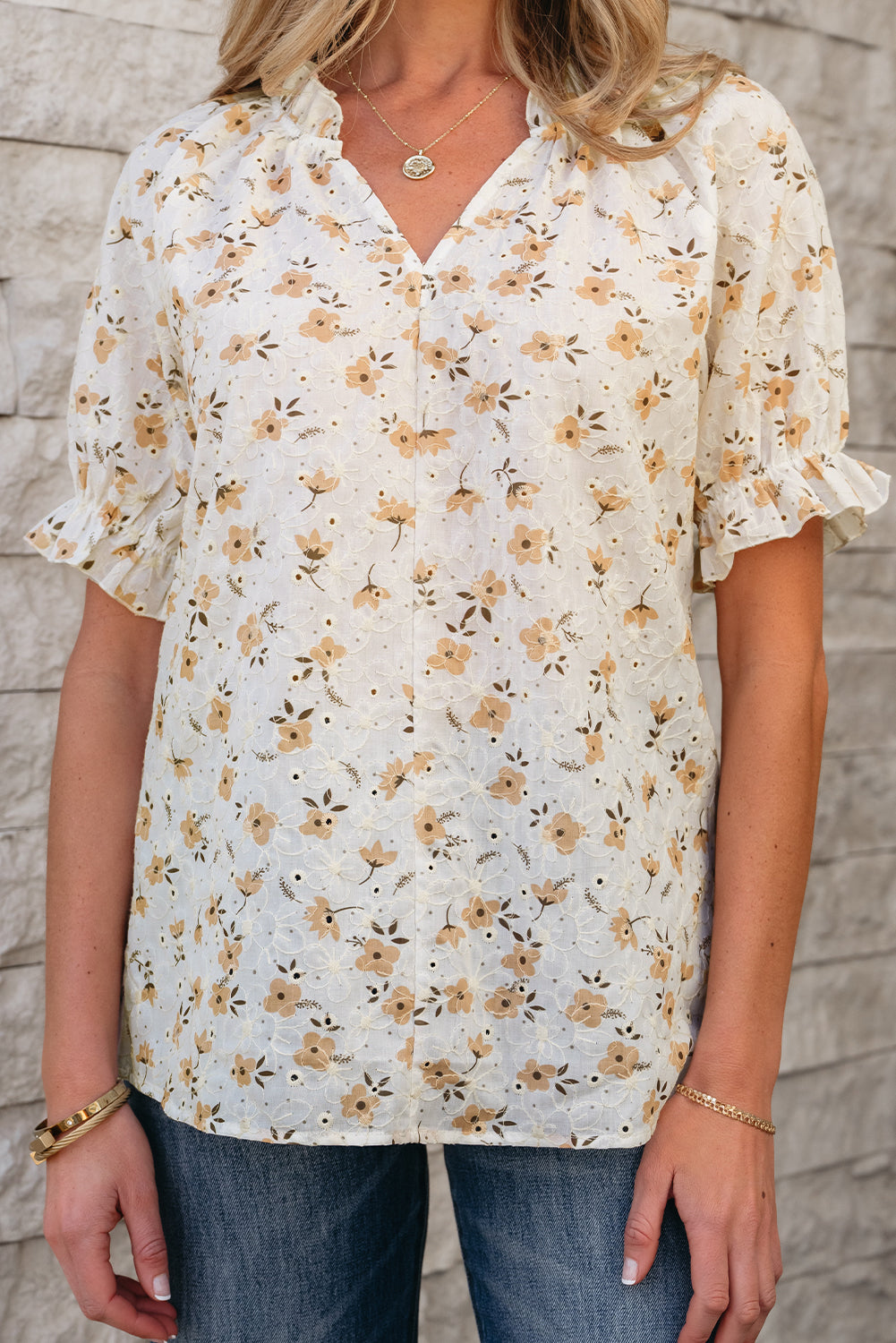 White Floral Eyelet Embroidered Puff Sleeve Notch V Neck Blouse-Tops/Blouses & Shirts-[Adult]-[Female]-2022 Online Blue Zone Planet