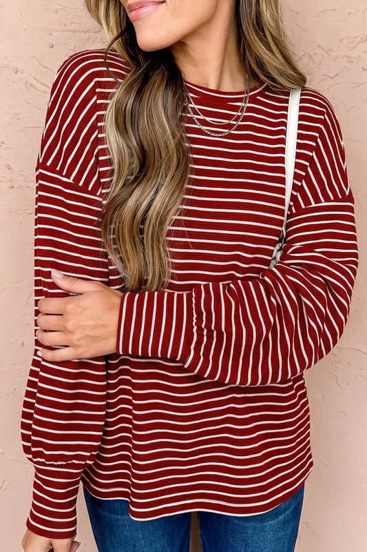 Red Stripe Drop Shoulder Long Sleeve Top-Tops/Long Sleeve Tops-[Adult]-[Female]-Red Stripe-S-2022 Online Blue Zone Planet