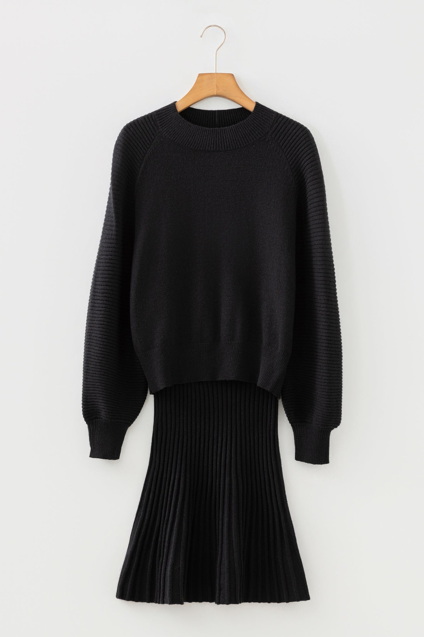 Black High Neck Puff Sleeve Sweater Pleated Mini Skirt 2pcs Knitted Outfit-TOPS / DRESSES-[Adult]-[Female]-2022 Online Blue Zone Planet