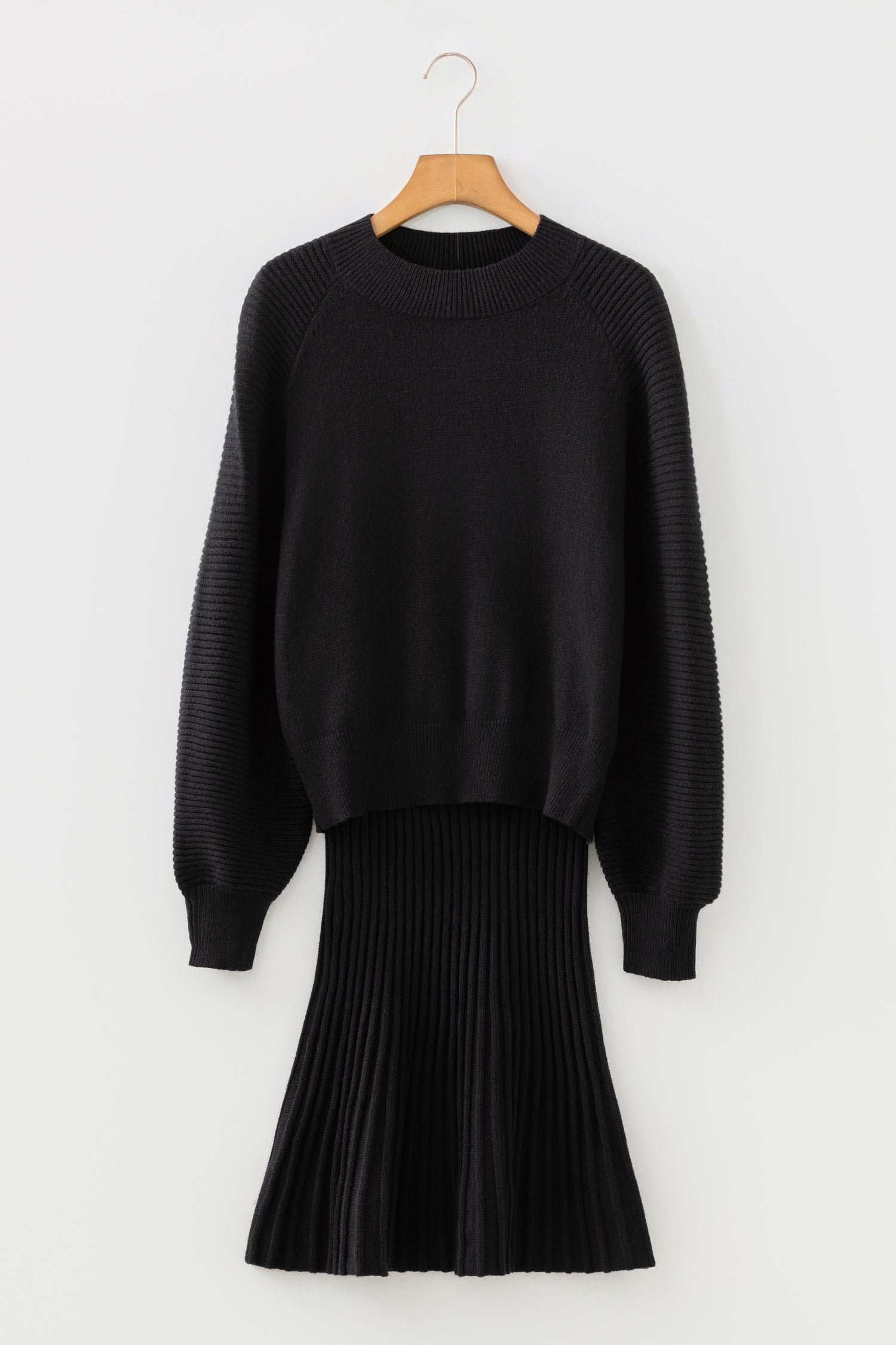 Black High Neck Puff Sleeve Sweater Pleated Mini Skirt 2pcs Knitted Outfit-TOPS / DRESSES-[Adult]-[Female]-2022 Online Blue Zone Planet