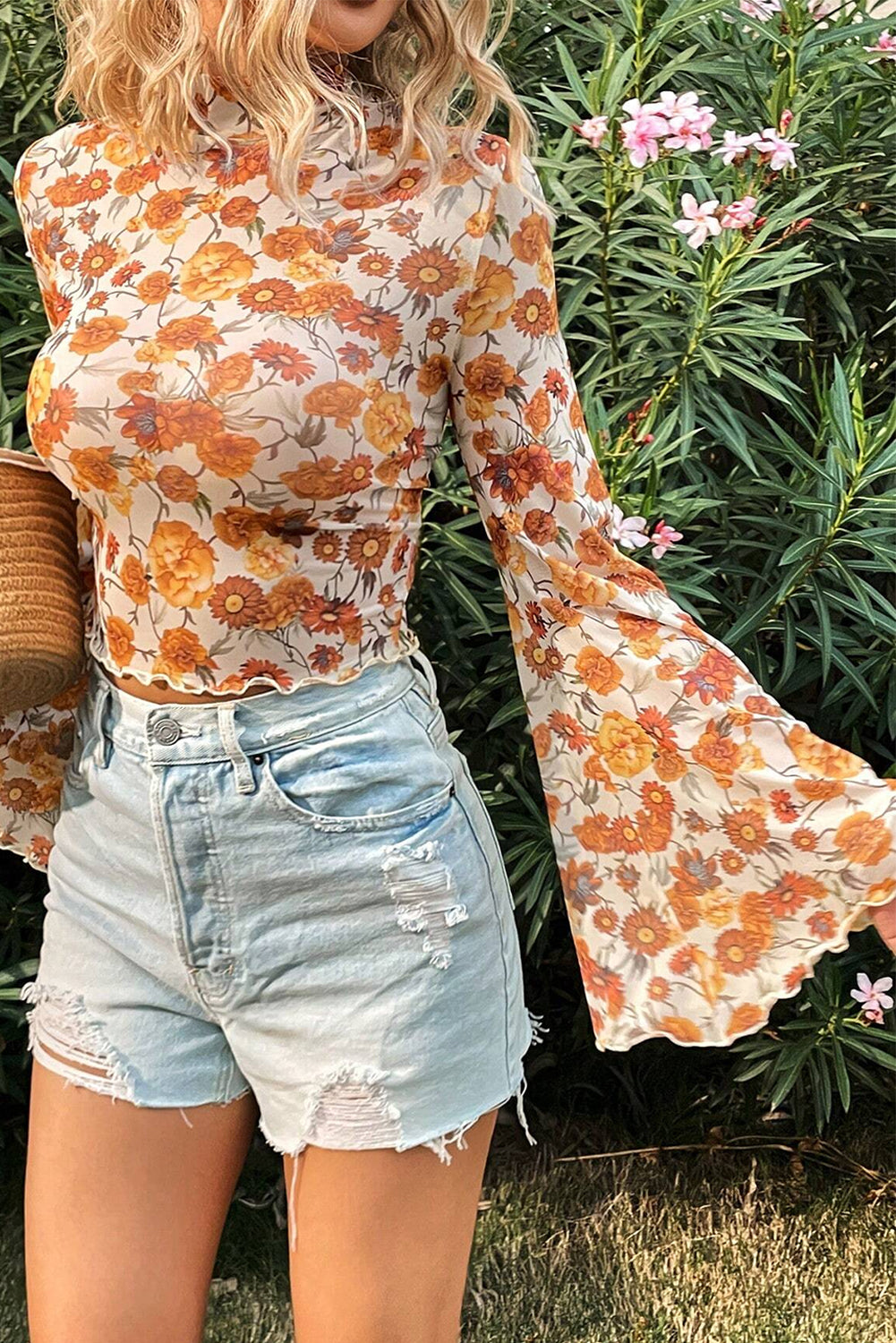 Orange Floral Printed Bell Sleeve Mock Neck Scallop Trim Blouse-Tops/Blouses & Shirts-[Adult]-[Female]-2022 Online Blue Zone Planet