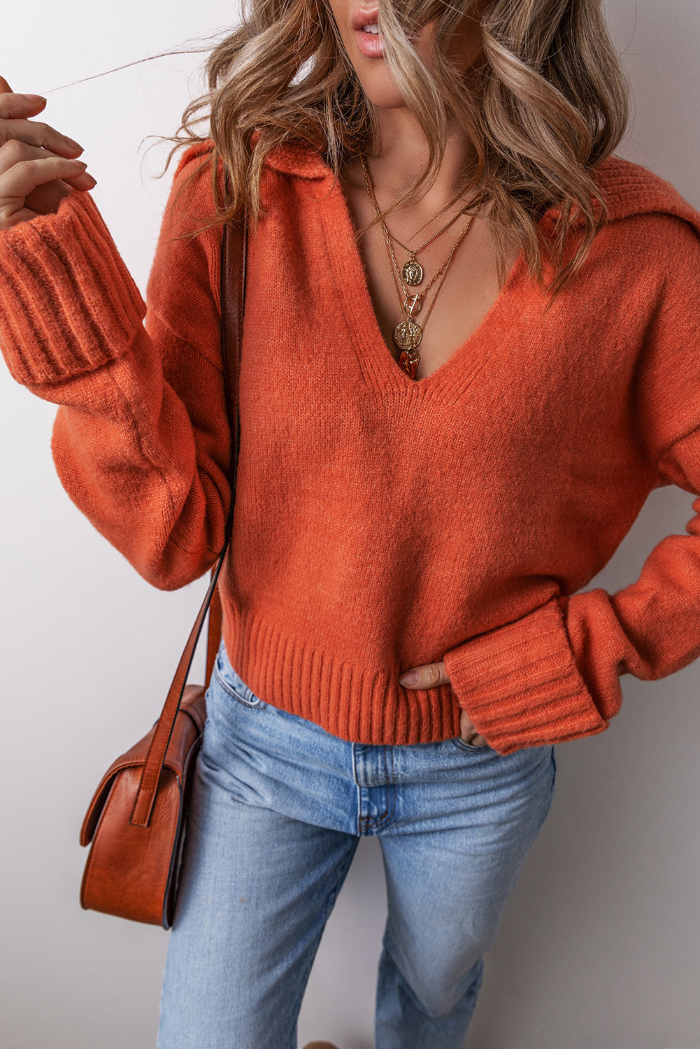 Flamingo Collared V Neck Ribbed Edge Sexy Elegant Sweater-Sweaters & Cardigans/Sweaters-[Adult]-[Female]-2022 Online Blue Zone Planet