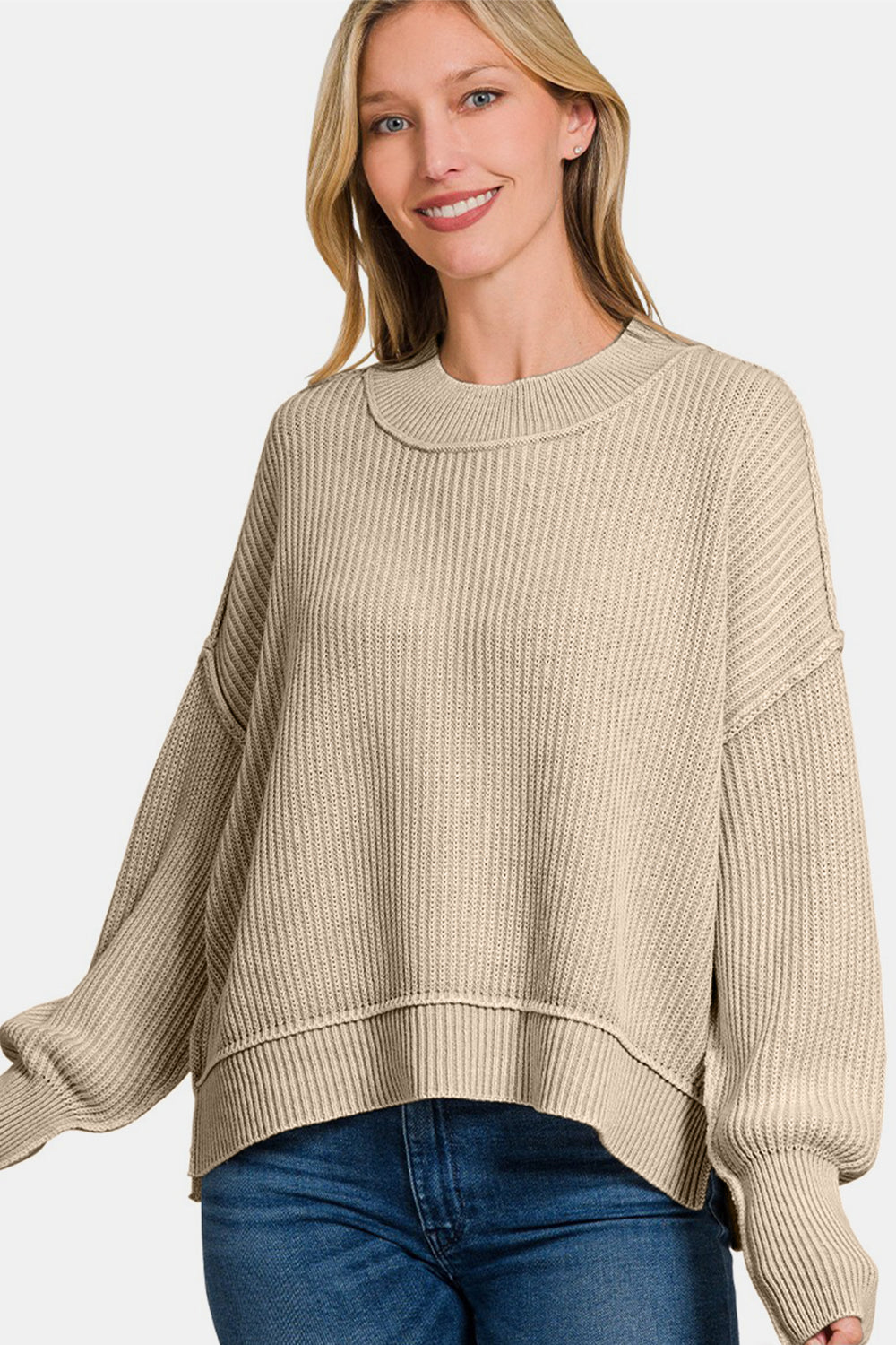 Zenana Exposed Seam Round Neck Dropped Shoulder Sweater-TOPS / DRESSES-[Adult]-[Female]-2022 Online Blue Zone Planet