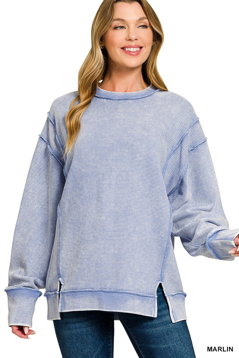 Zenana Cotton Acid Washed Double Ribbed Exposed-Seam Sweatshirt