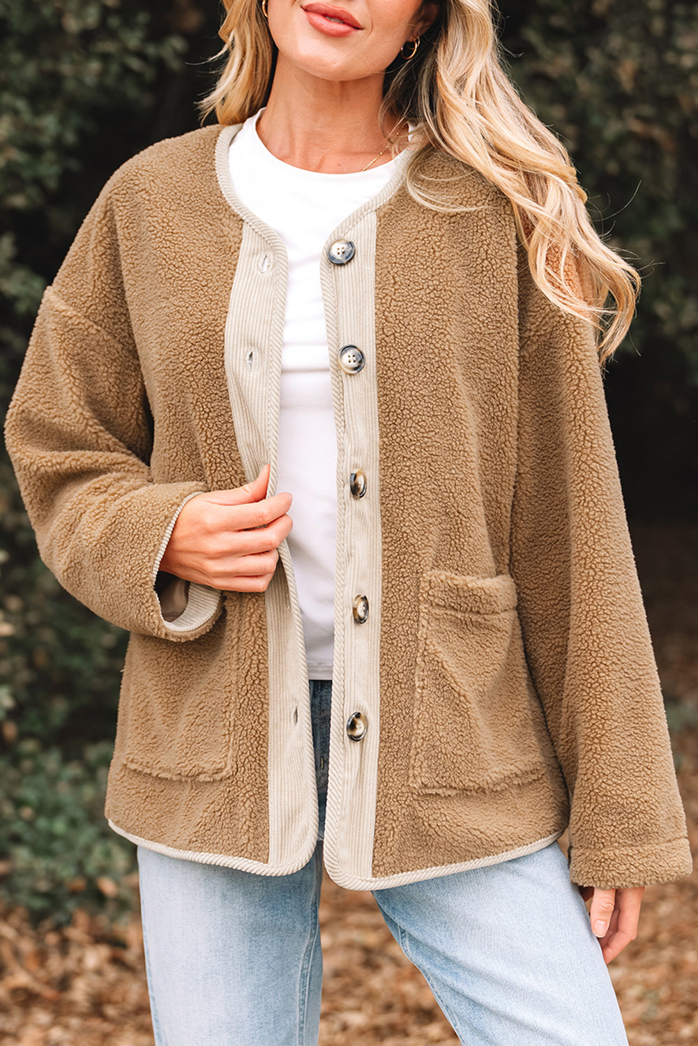 Light French Beige Puffy Plush Corduroy Edge Patchwork Jacket with Big Pockets-Outerwear/Jackets-[Adult]-[Female]-2022 Online Blue Zone Planet