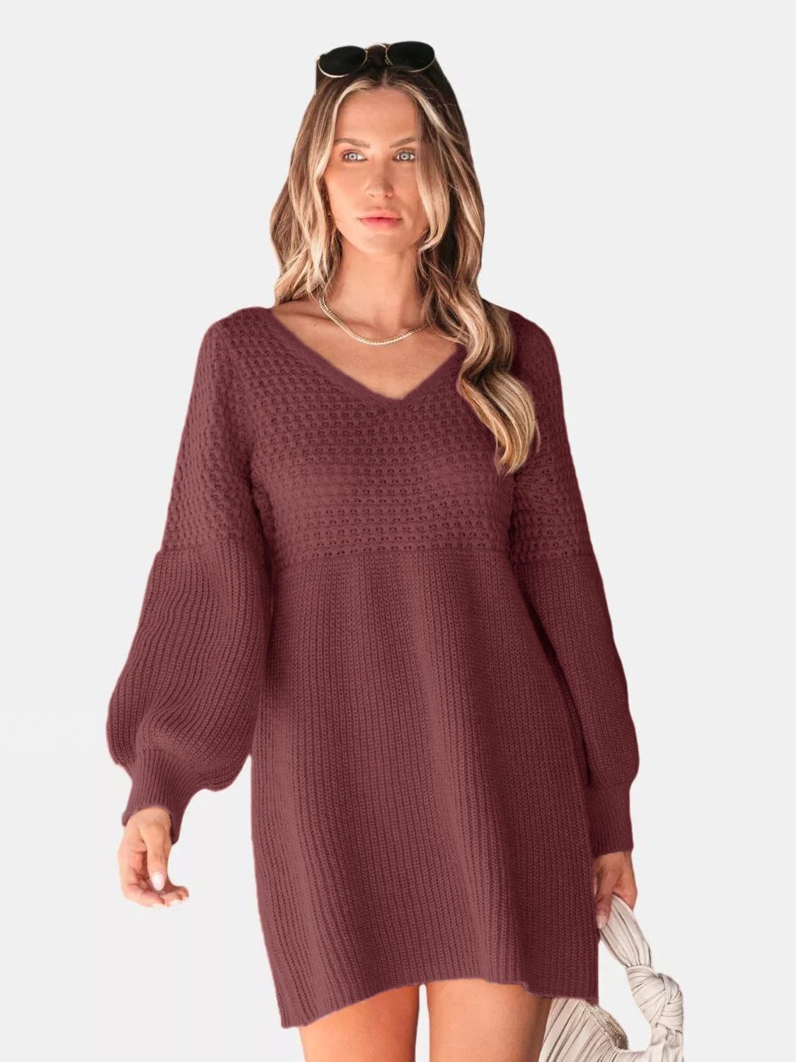 Perfee V-Neck Long Sleeve Sweater Dress-TOPS / DRESSES-[Adult]-[Female]-2022 Online Blue Zone Planet