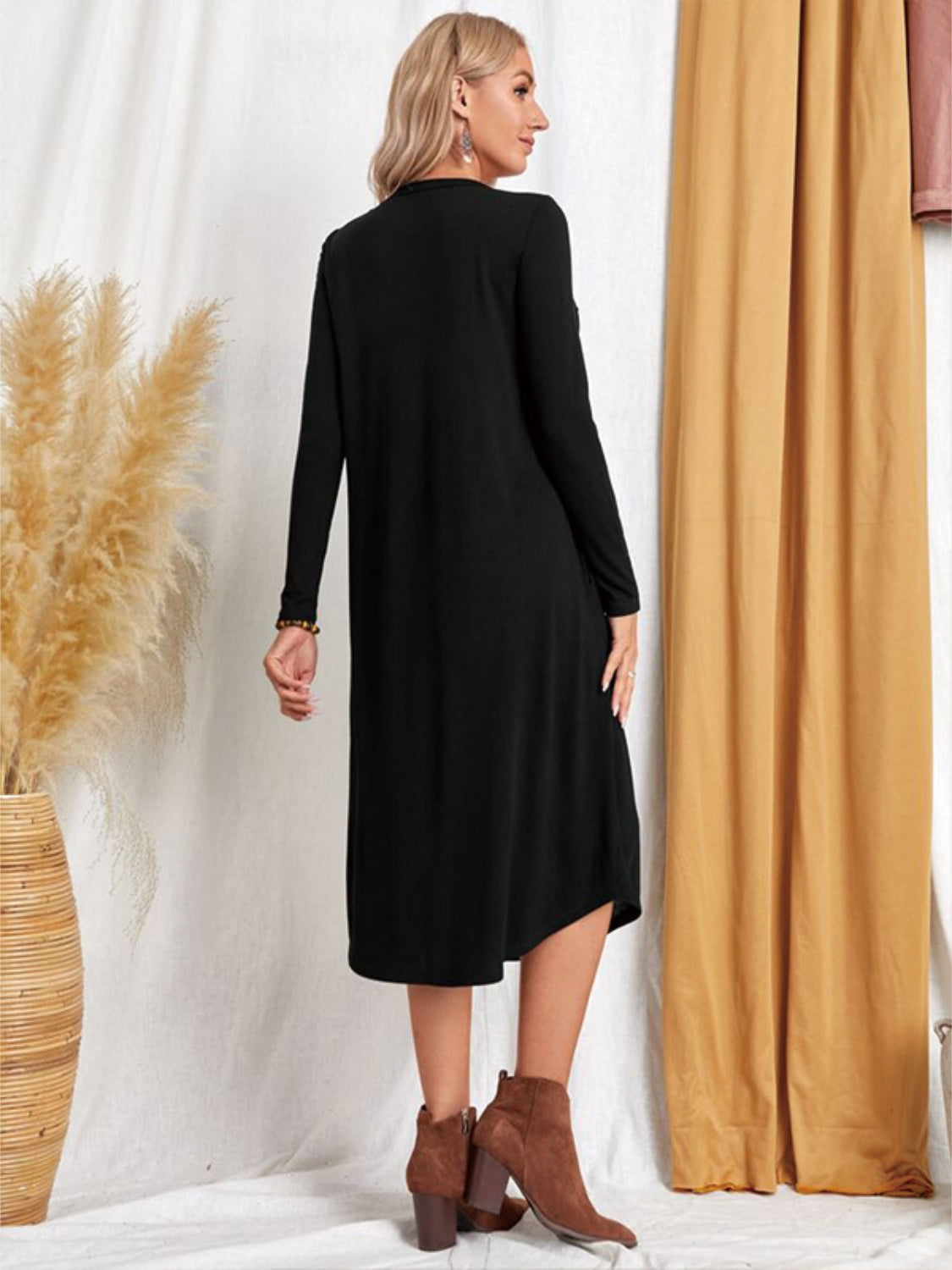 Pocketed Round Neck Long Sleeve Tee Dress-TOPS / DRESSES-[Adult]-[Female]-2022 Online Blue Zone Planet