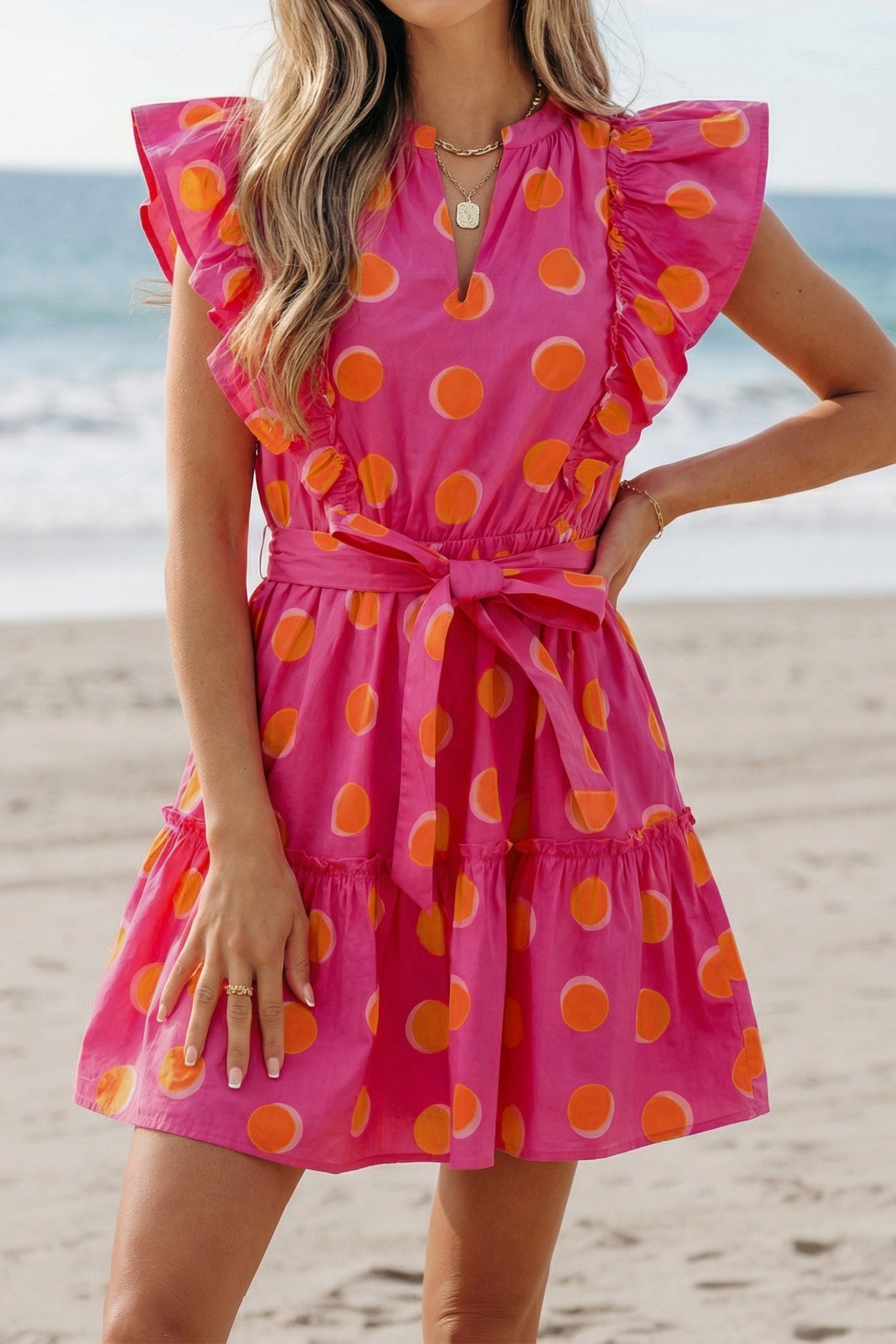 Rose Double Polka Dot V Neck Ruffled Short Sleeve Dress-Dresses/Mini Dresses-[Adult]-[Female]-Rose-S-2022 Online Blue Zone Planet