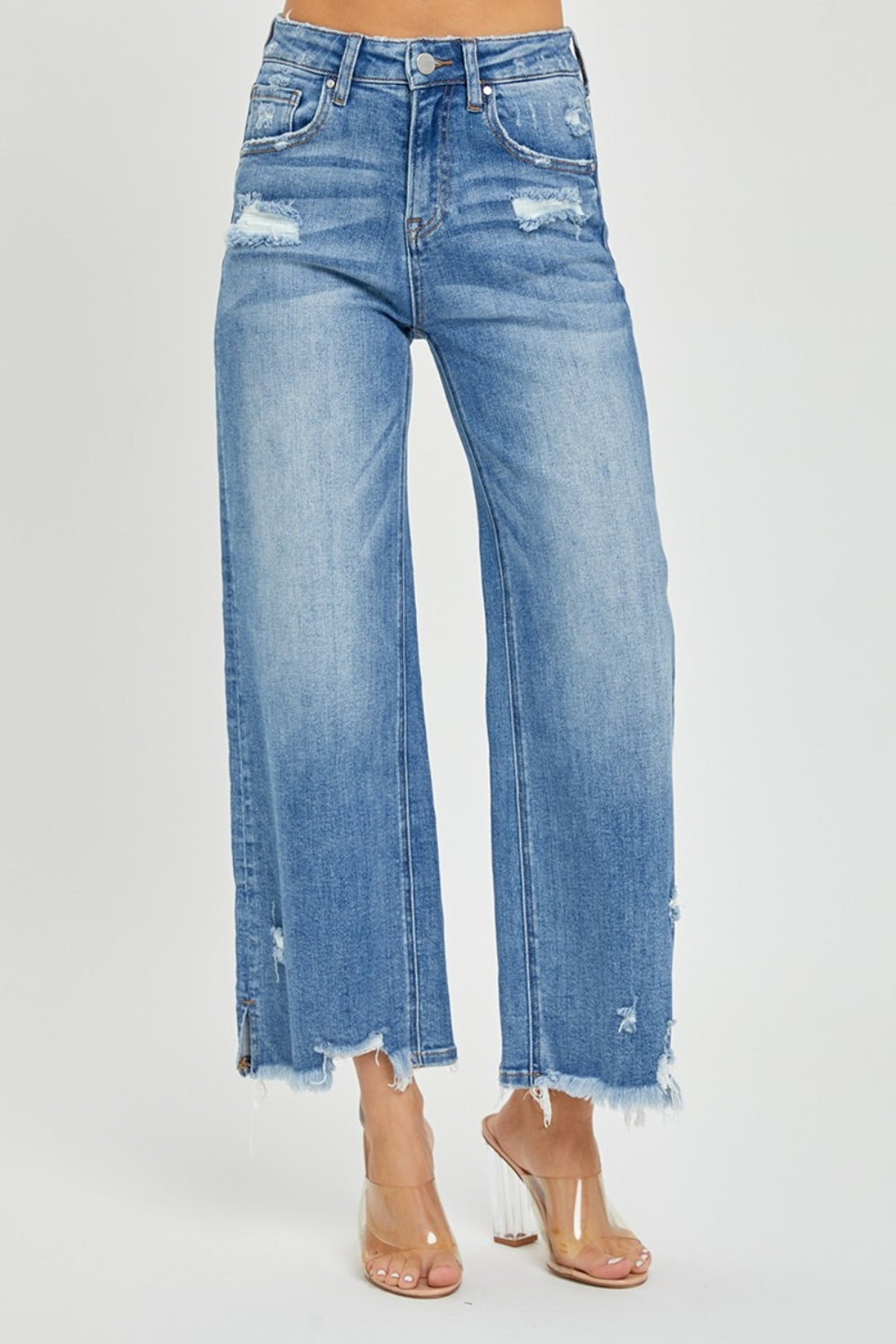 RISEN High Rise Side Slit Raw Hem Cropped Jeans-BOTTOM SIZES SMALL MEDIUM LARGE-[Adult]-[Female]-2022 Online Blue Zone Planet