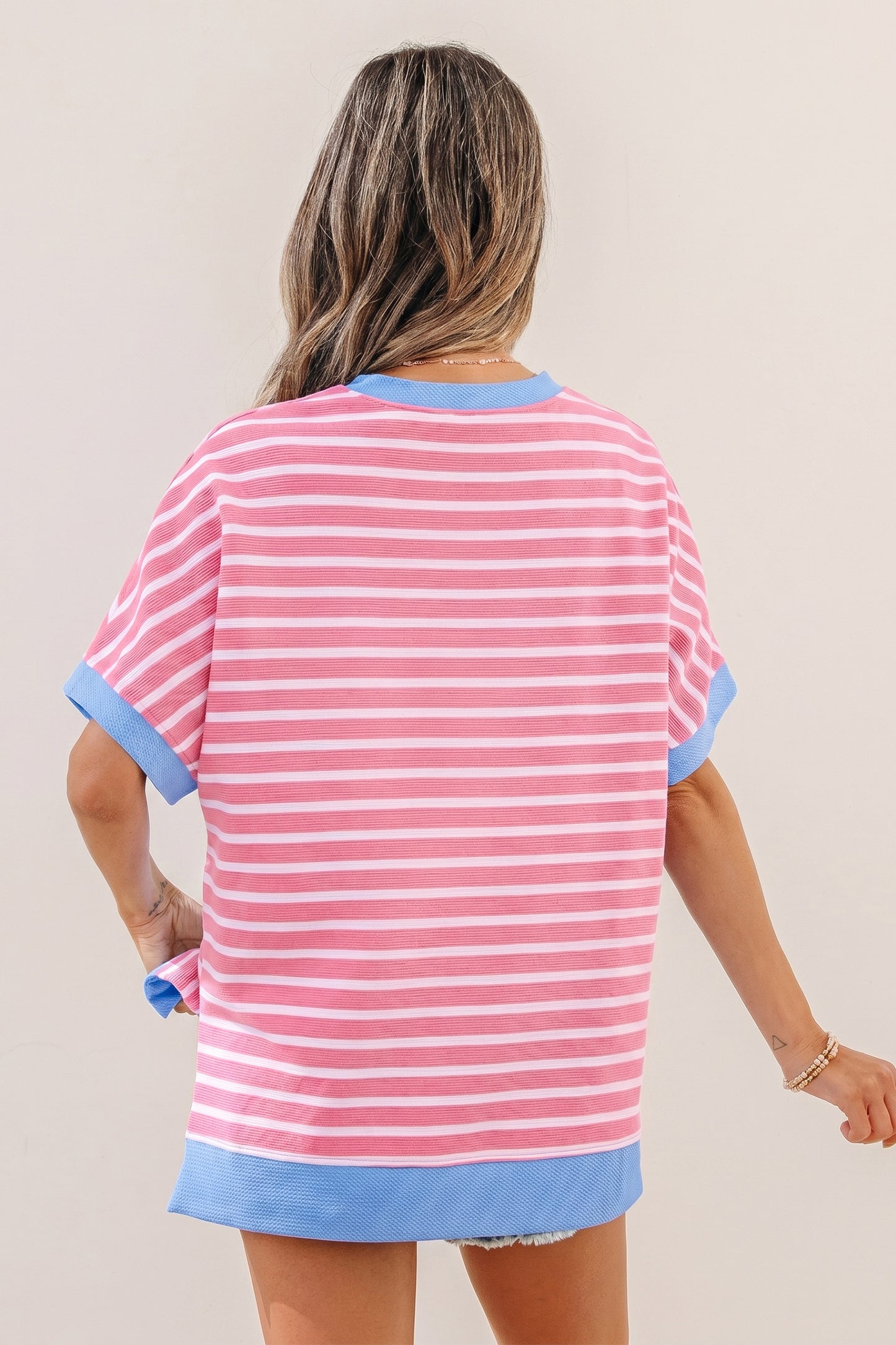 Pink Stripe Contrast Trim Loose Short Sleeve Top-Tops/Tops & Tees-[Adult]-[Female]-2022 Online Blue Zone Planet