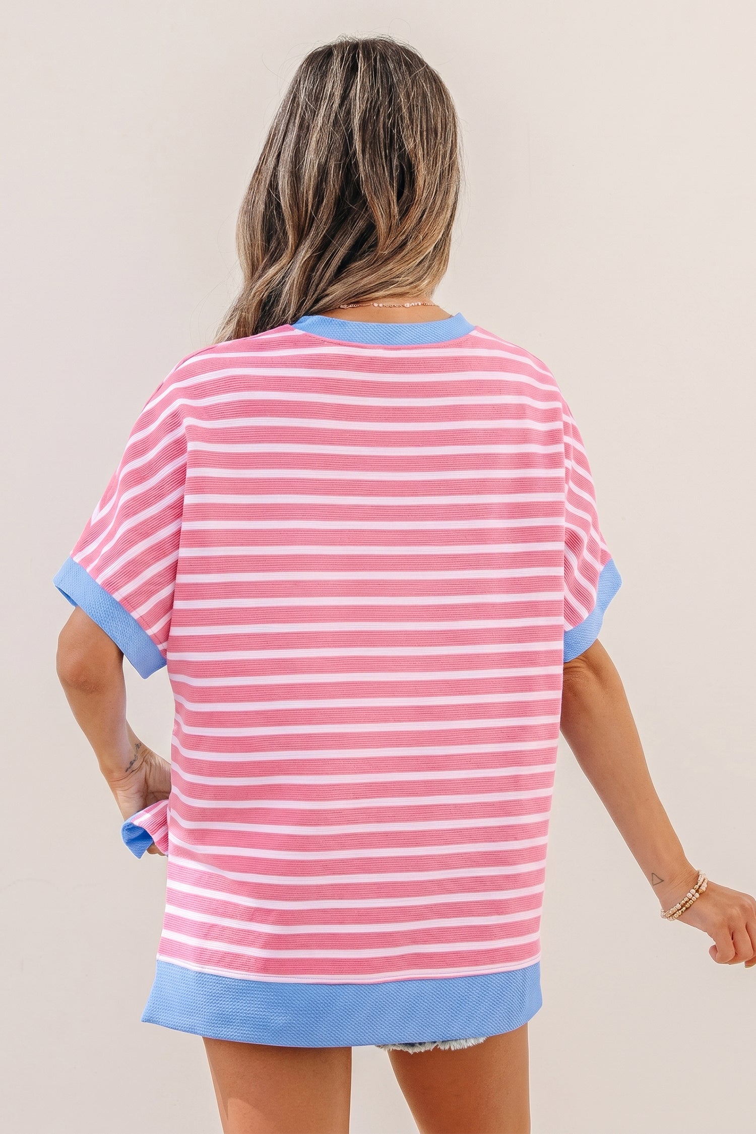 Pink Stripe Contrast Trim Loose Short Sleeve Top-Tops/Tops & Tees-[Adult]-[Female]-2022 Online Blue Zone Planet