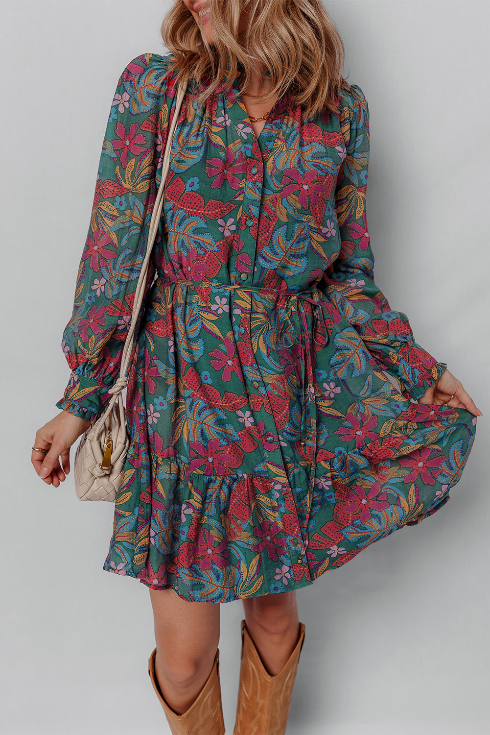 Green Floral Friled V Neck Puff Sleeve Ruffled Shirt Dress-TOPS / DRESSES-[Adult]-[Female]-Green-S-2022 Online Blue Zone Planet