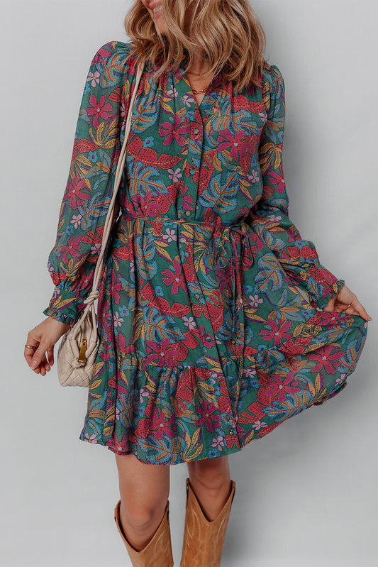 Green Floral Friled V Neck Puff Sleeve Ruffled Shirt Dress-TOPS / DRESSES-[Adult]-[Female]-Green-S-2022 Online Blue Zone Planet