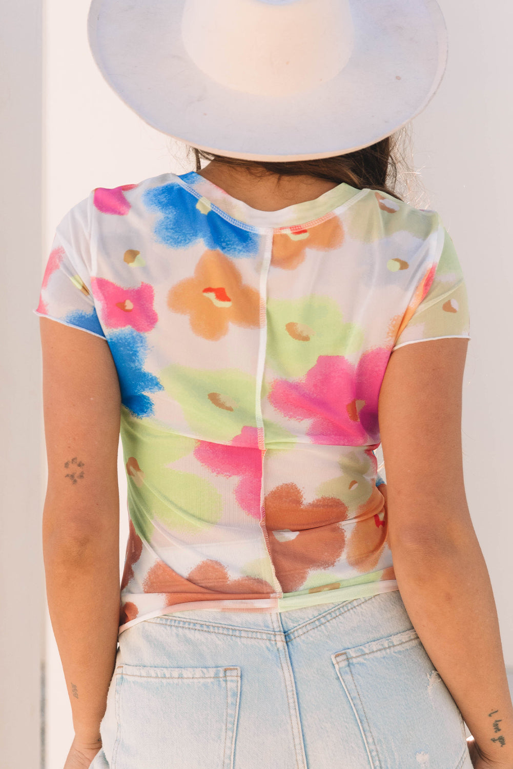 Multicolour Floral Mesh Lettuce Trim Cropped T Shirt-Tops/Tops & Tees-[Adult]-[Female]-2022 Online Blue Zone Planet