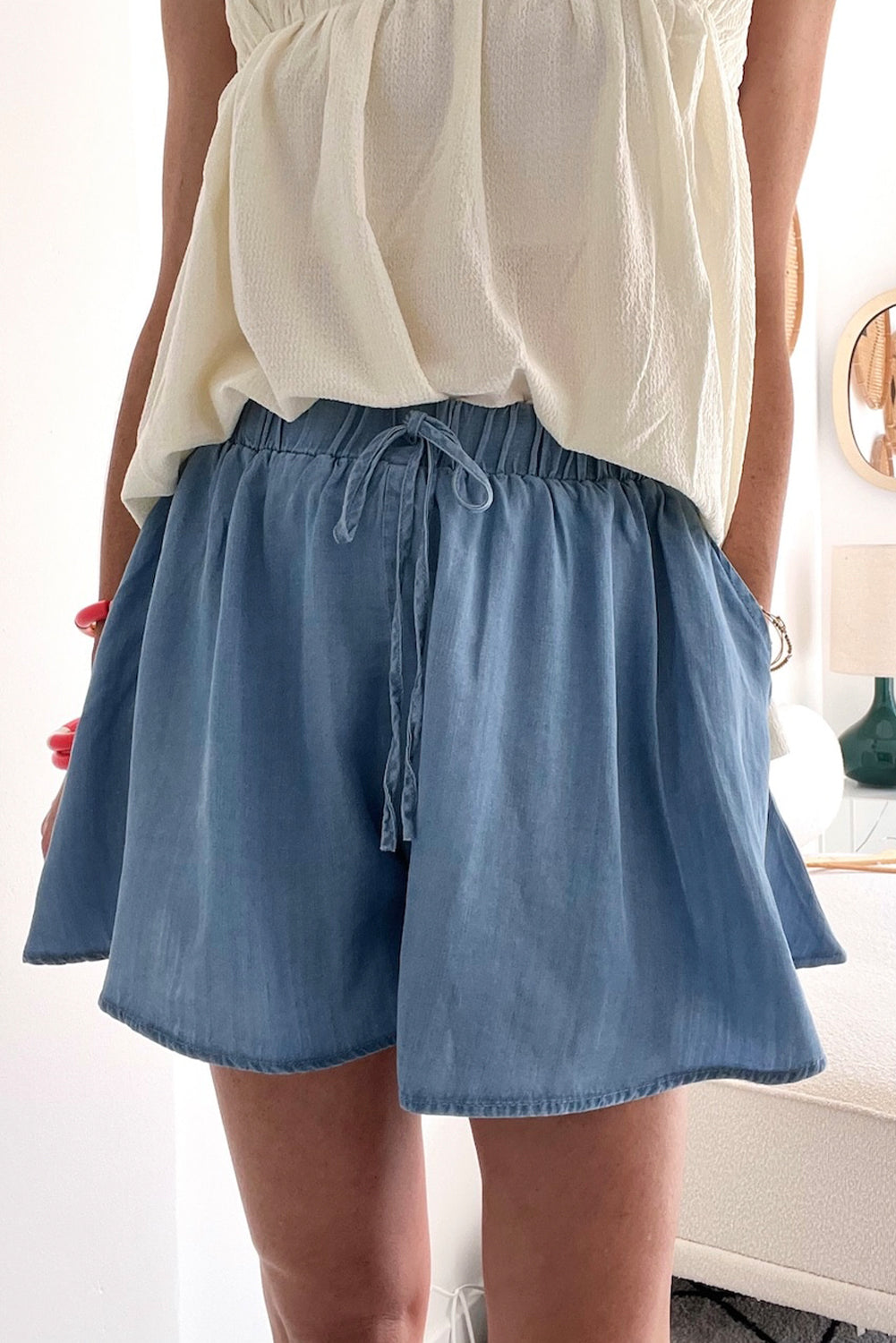 Dusk Blue Drawstring Elastic Waist Wide Leg Denim Shorts-Shorts-[Adult]-[Female]-Dusk Blue-S-2022 Online Blue Zone Planet