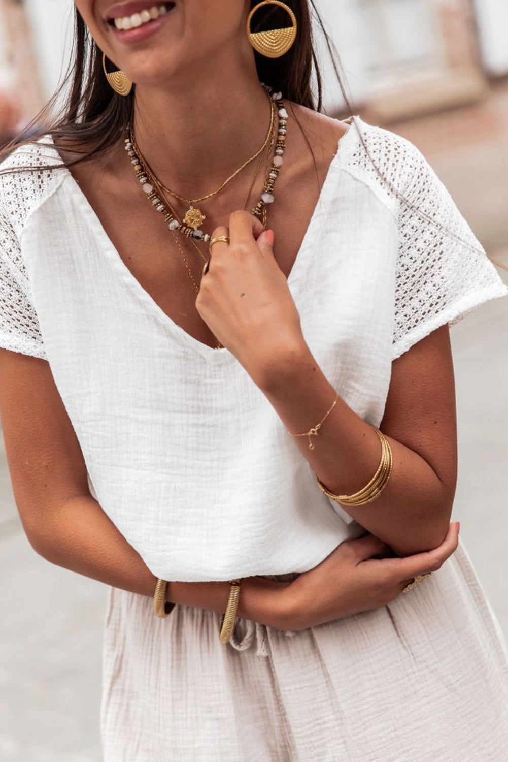 White Lace Crochet Textured Button Back V Neck T Shirt-Tops/Tops & Tees-[Adult]-[Female]-2022 Online Blue Zone Planet