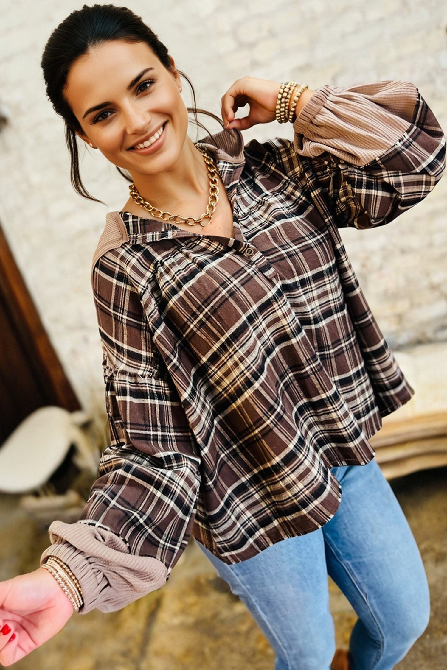 Brown Plaid Patchwork Long Sleeve Button Hooded Blouse-Tops / Dresses-[Adult]-[Female]-2022 Online Blue Zone Planet