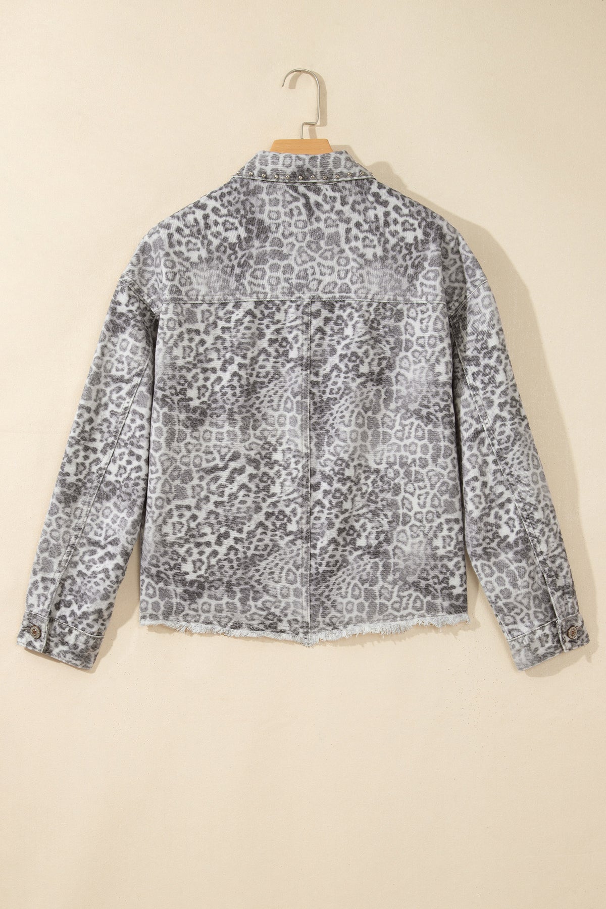 Khaki Leopard Print Studded Collar Studded Patch Pocket Denim Jacket-Outerwear/Denim jackets-[Adult]-[Female]-2022 Online Blue Zone Planet