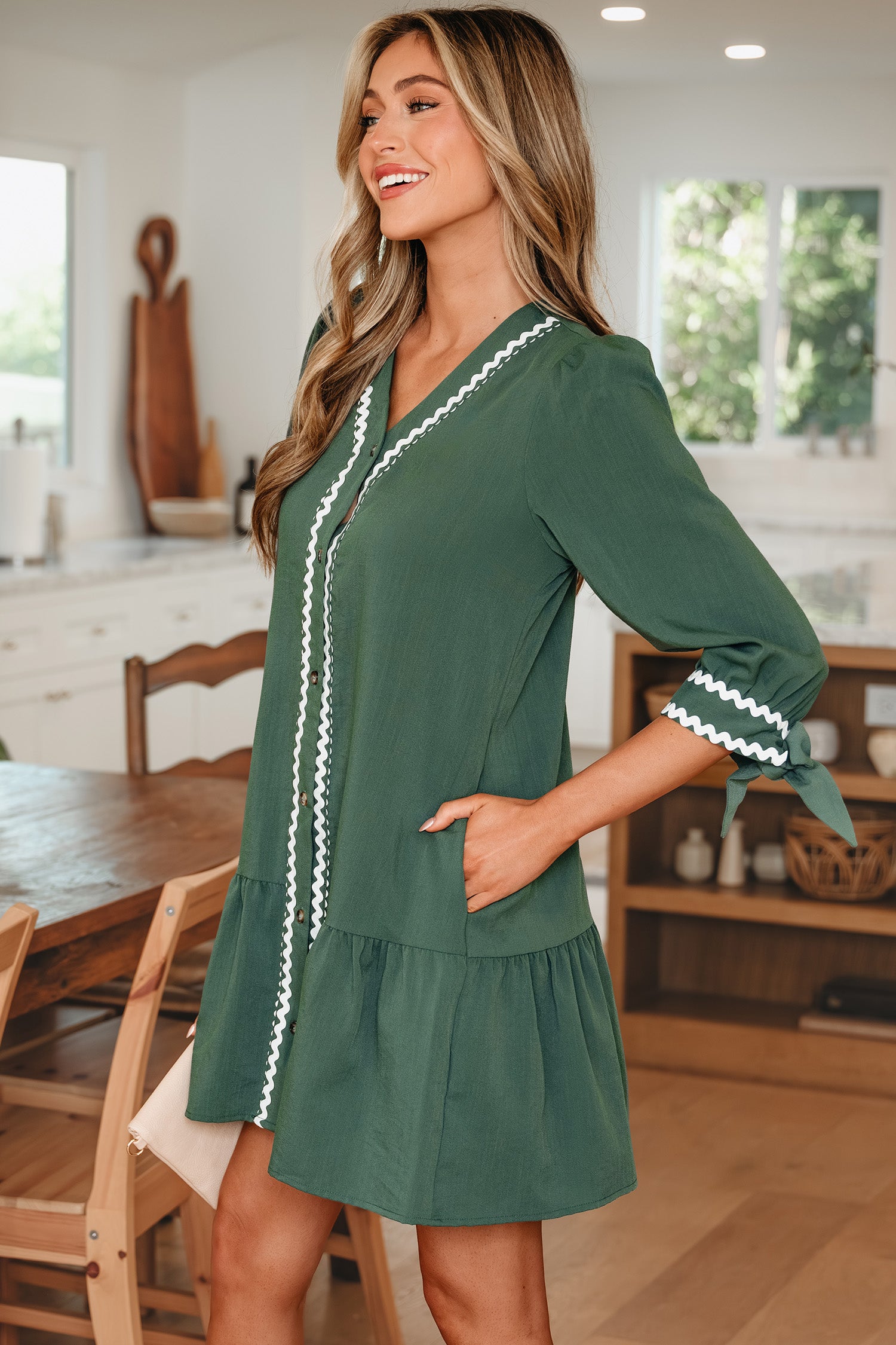 Canton Contrast Ricrac Trim Button V Neck Knotted Bracelet Sleeve Shift Dress-Bracelet-[Adult]-[Female]-2022 Online Blue Zone Planet