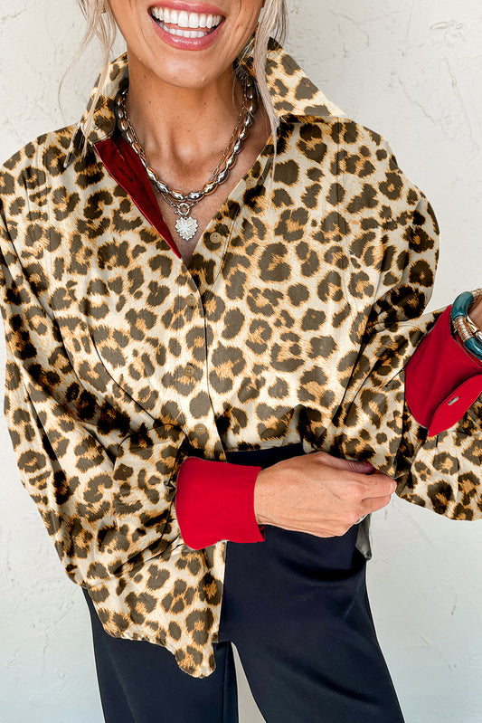 Khaki Contrast Edge Leopard Shirt-Tops/Blouses & Shirts-[Adult]-[Female]-2022 Online Blue Zone Planet