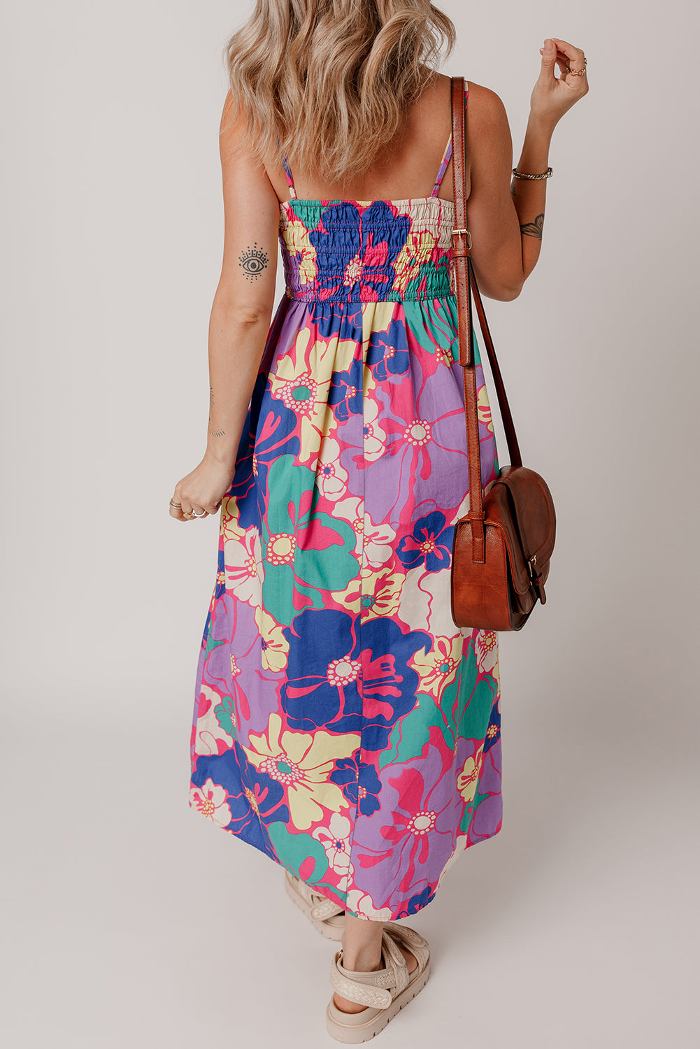 Purple Floral Print Shirred Spaghetti Strap Loose Maxi Dress-Maxi Dresses-[Adult]-[Female]-2022 Online Blue Zone Planet