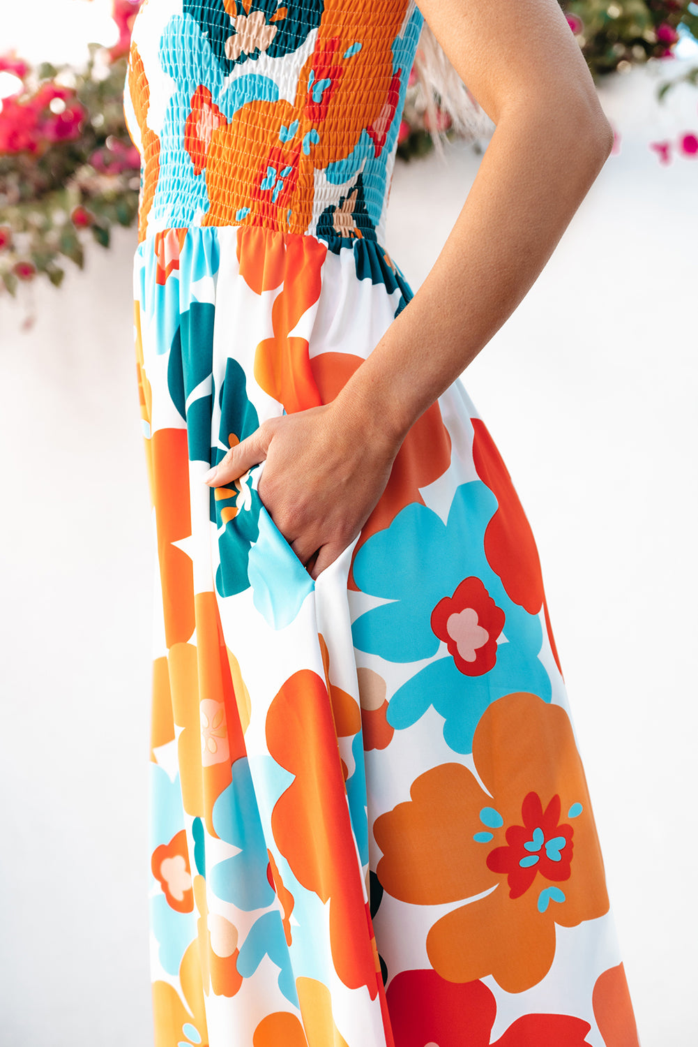 Orange Floral Self Tied Straps Smocked Bust Maxi Dress-Dresses/Floral Dresses-[Adult]-[Female]-2022 Online Blue Zone Planet