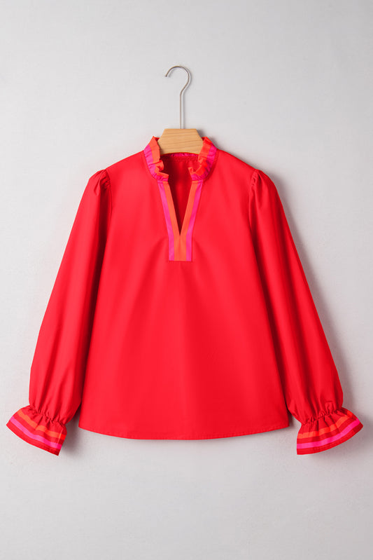 Black Striped Trim Ruffle Split Neck Long Sleeve Blouse-Tops/Blouses & Shirts-[Adult]-[Female]-2022 Online Blue Zone Planet
