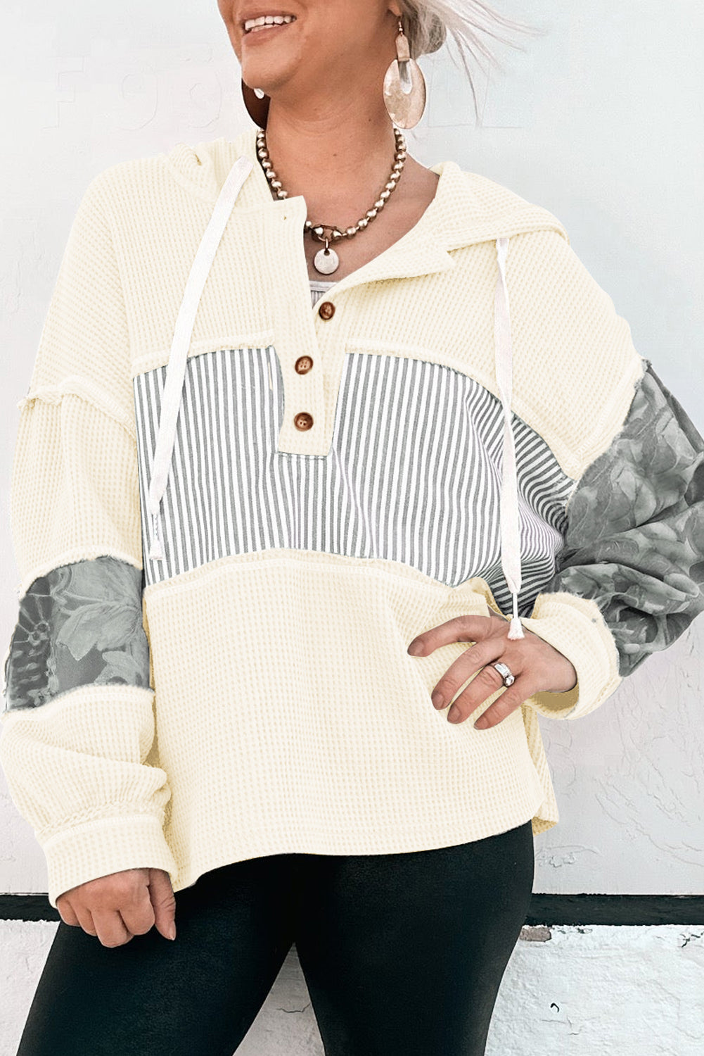 White Waffle Printed Patchwork Drawstring Hooded Long Sleeve Top-Tops/Long Sleeve Tops-[Adult]-[Female]-2022 Online Blue Zone Planet