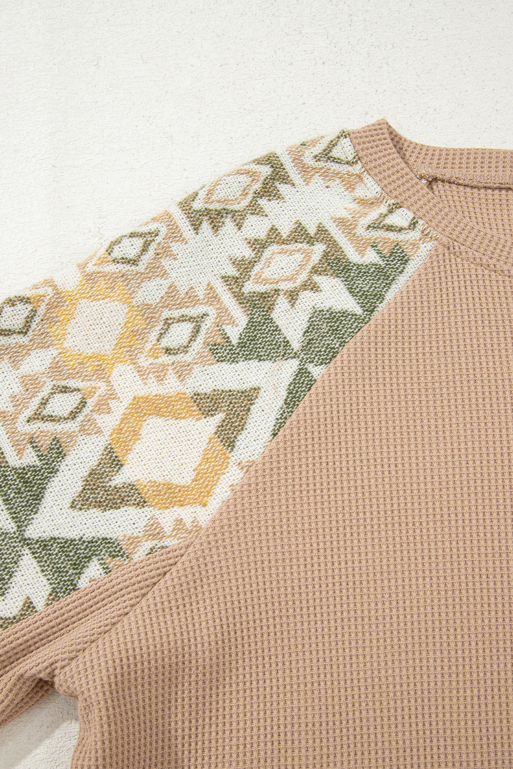 Smoke Gray Waffle Aztec Patchwork Raglan Sleeve Knit Top-Tops/Long Sleeve Tops-[Adult]-[Female]-2022 Online Blue Zone Planet