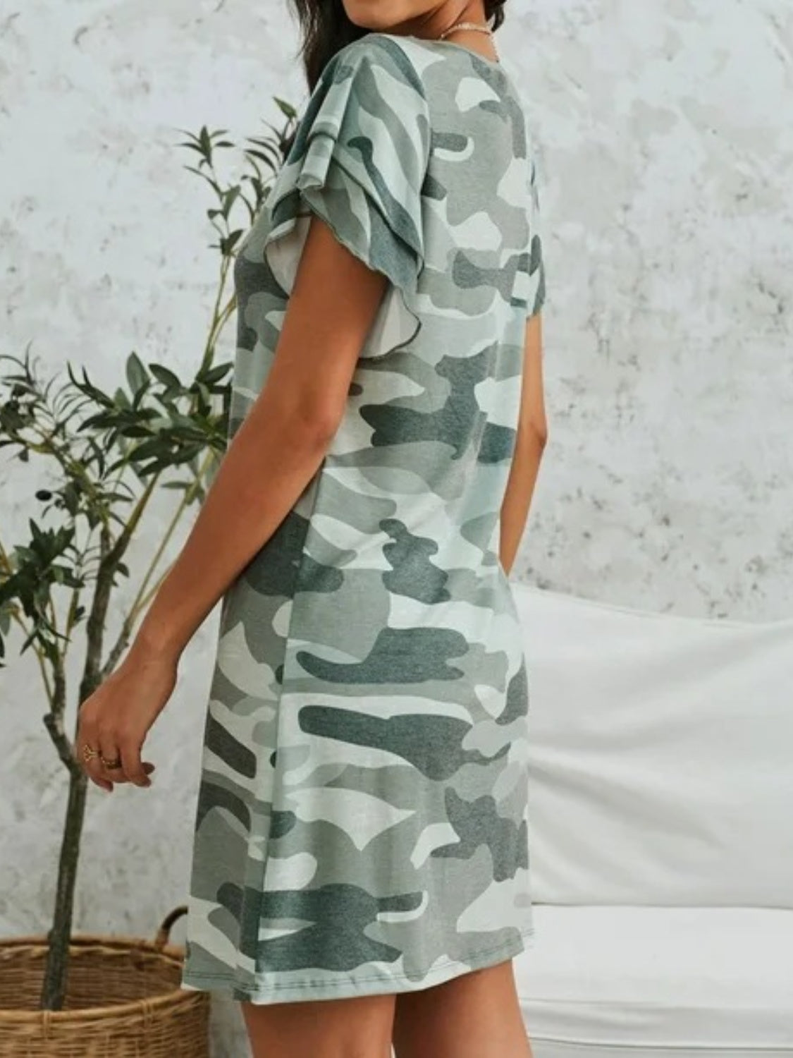 Camouflage Round Neck Short Sleeve Mini Dress-TOPS / DRESSES-[Adult]-[Female]-2022 Online Blue Zone Planet