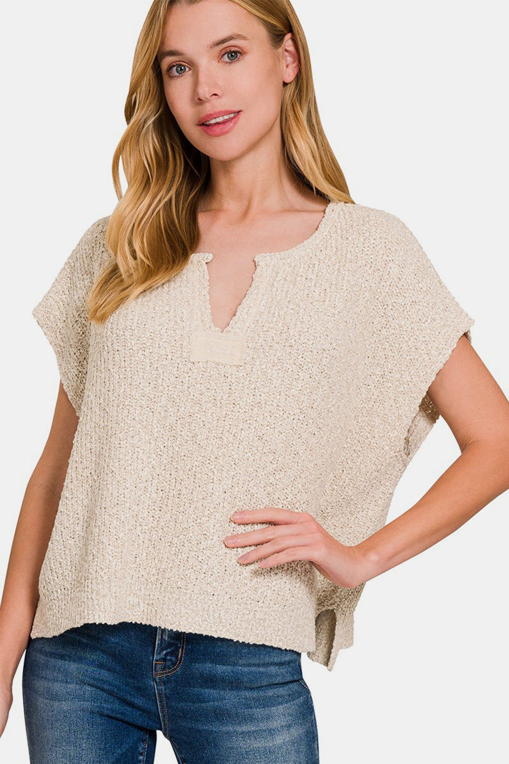 Blue Zone Planet | Zenana Short Sleeve Side Slit Sweater-TOPS / DRESSES-[Adult]-[Female]-Sand Beige-S/M-2022 Online Blue Zone Planet