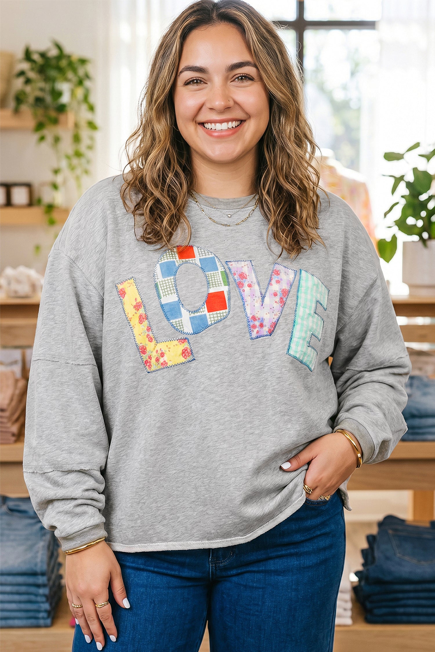 Light Grey Long Sleeve Patch Embroidery Tunic Plus Size Blouse-Plus Size/Plus Size Tops/Plus Size Long Sleeve Tops-[Adult]-[Female]-2022 Online Blue Zone Planet