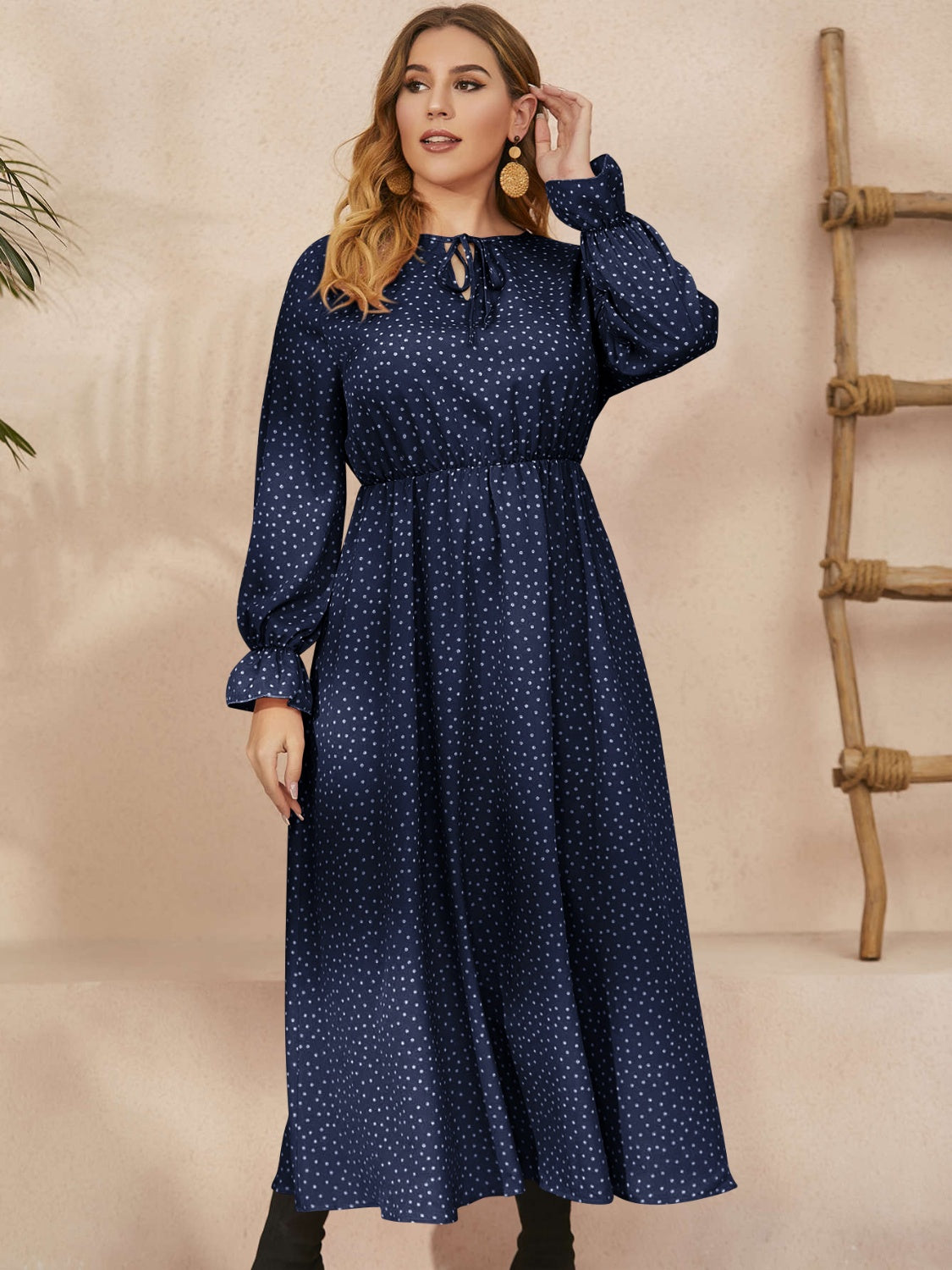 Plus Size Ruffled Polka Dot Long Sleeve Midi Dress-TOPS / DRESSES-[Adult]-[Female]-Navy-0XL-2022 Online Blue Zone Planet