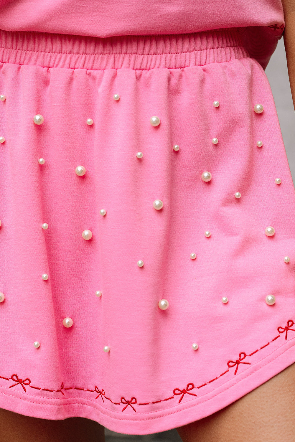 Pink Contrast Bow Trim Pearl Puff Sleeve Blouse and Skort 2pcs Set-Two Piece Sets/Short Sets-[Adult]-[Female]-2022 Online Blue Zone Planet
